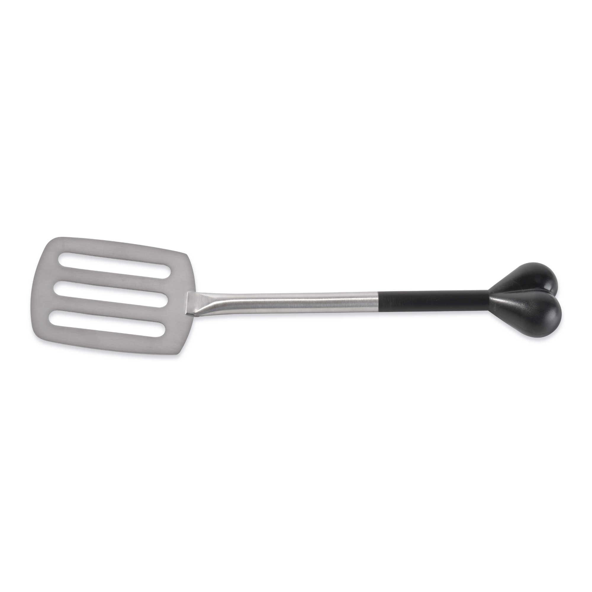 A gray spatula with three slots, a silver handle, black grip, and a heart-shaped end, isolated on white.