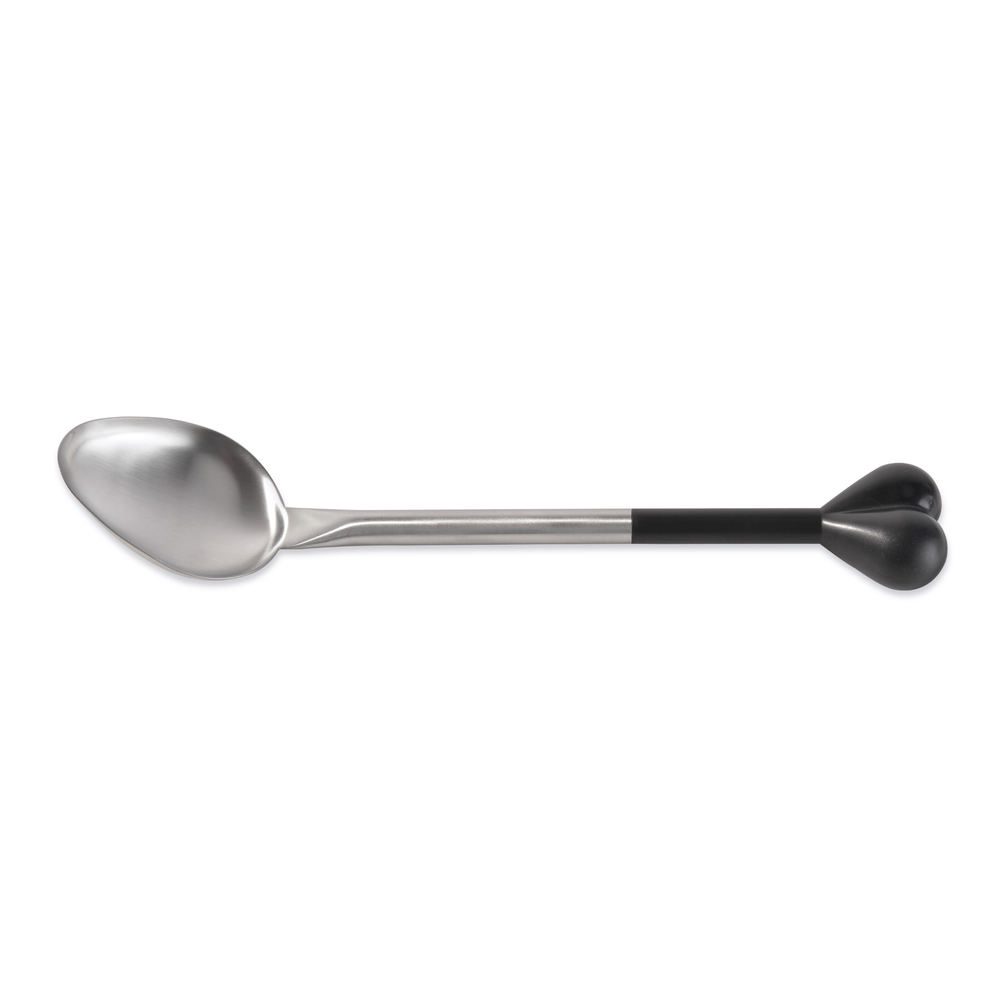 A spoon with a silver bowl and stem, and a black handle with heart-shaped ends, on a white background.