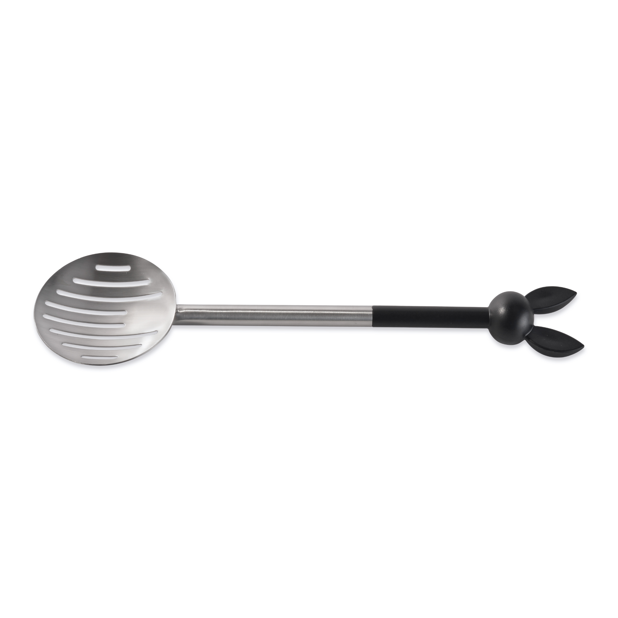 A silver slotted spoon with a black handle and end, on a white background. The spoon has a round head.