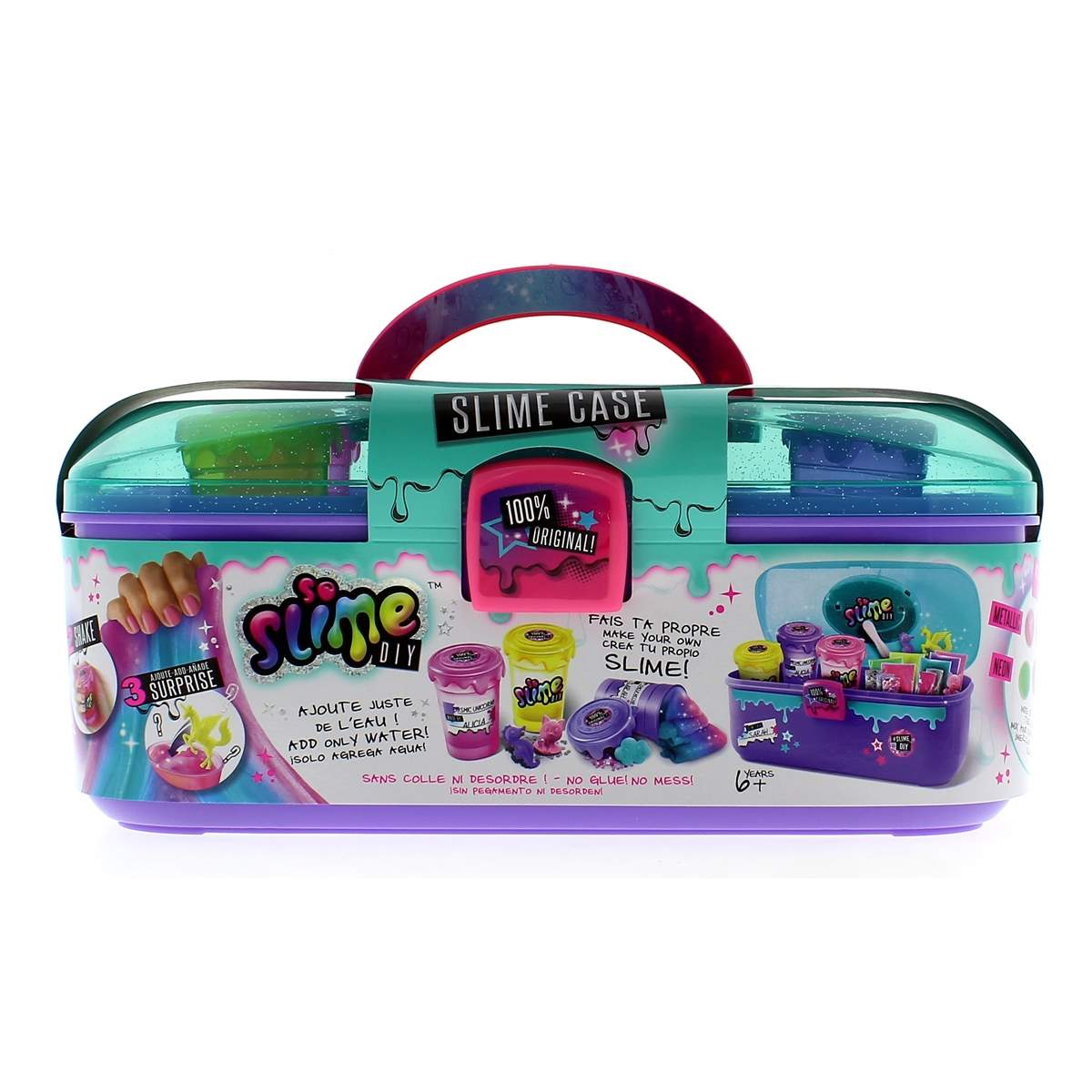 Un kit de Slime Case, con asa, varios recipientes de slime e instrucciones. Contiene texto en varios idiomas.