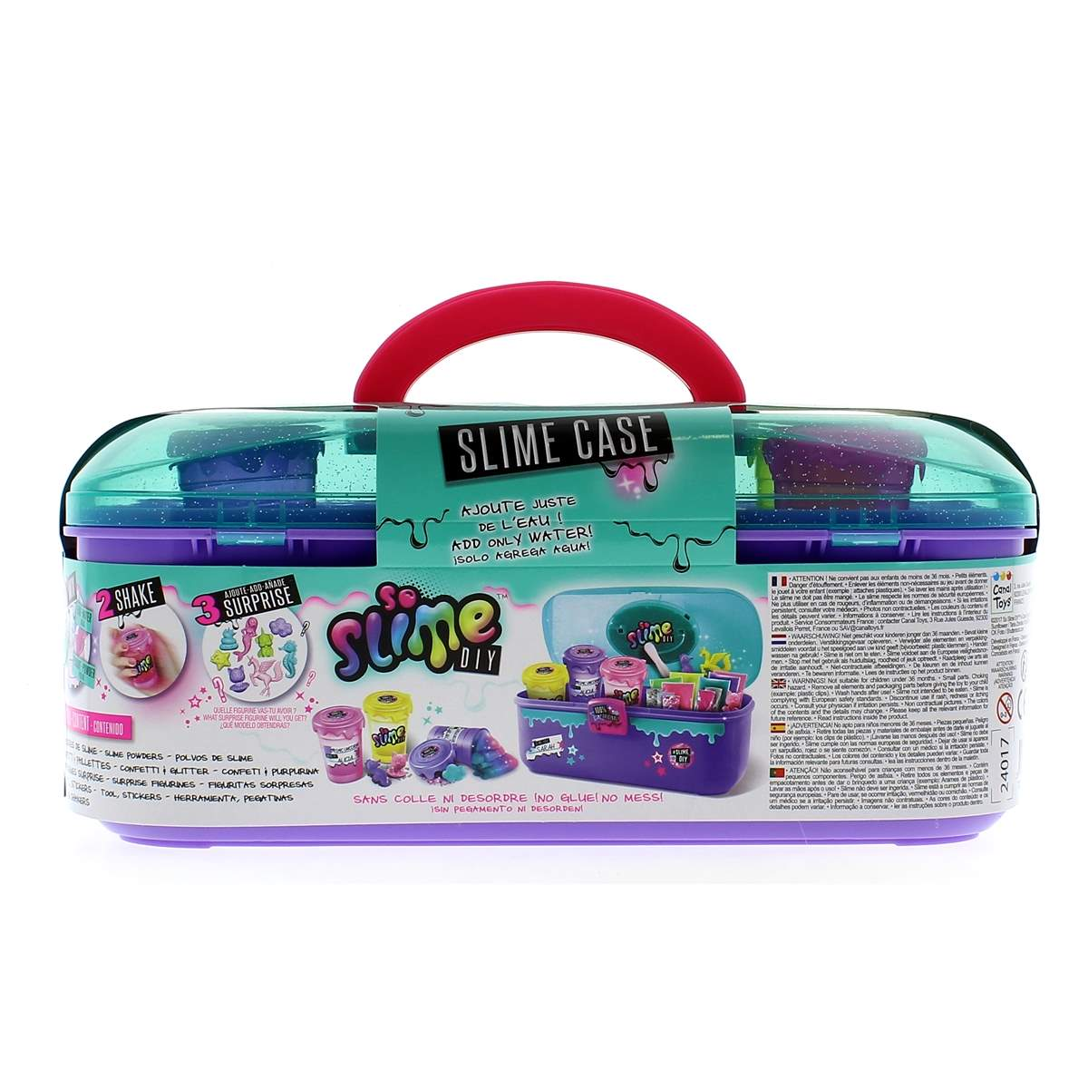 Un kit de Slime Case con asa rosa. Contiene slime, purpurina y herramientas. Texto: Slime DIY, Shake, Surprise e instrucciones.