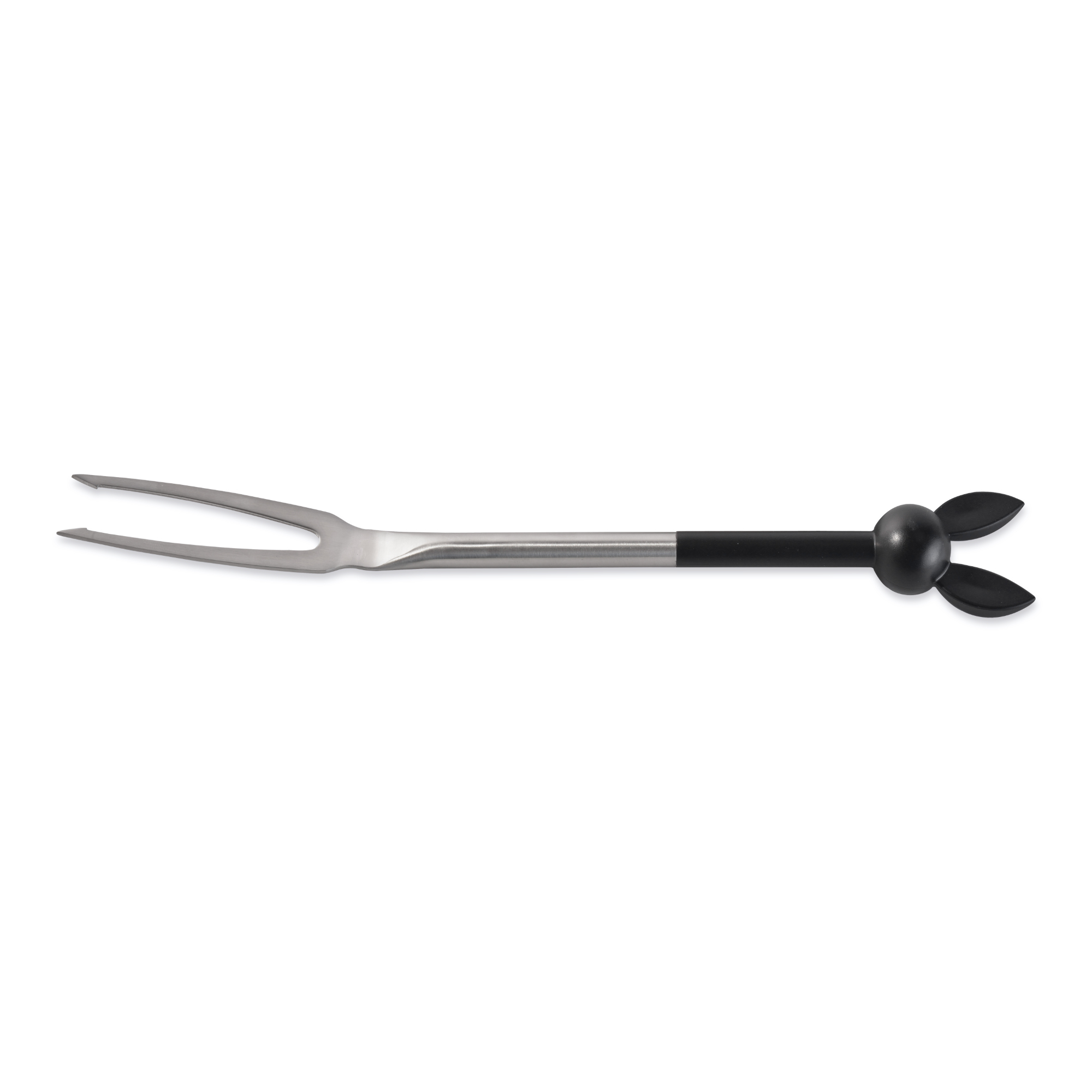A metal carving fork with two tines and a black handle with a decorative end is centered on a white background.