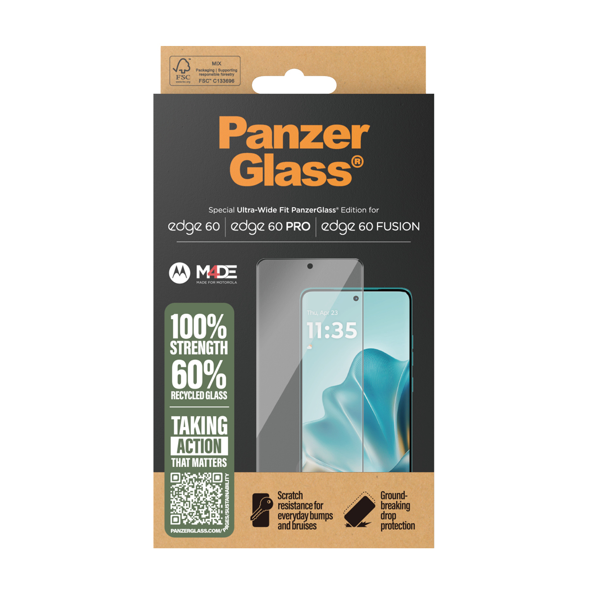 Scatola PanzerGlass con protezione schermo. Il testo include 'edge 60', '100% resistenza' e 'vetro riciclato'.