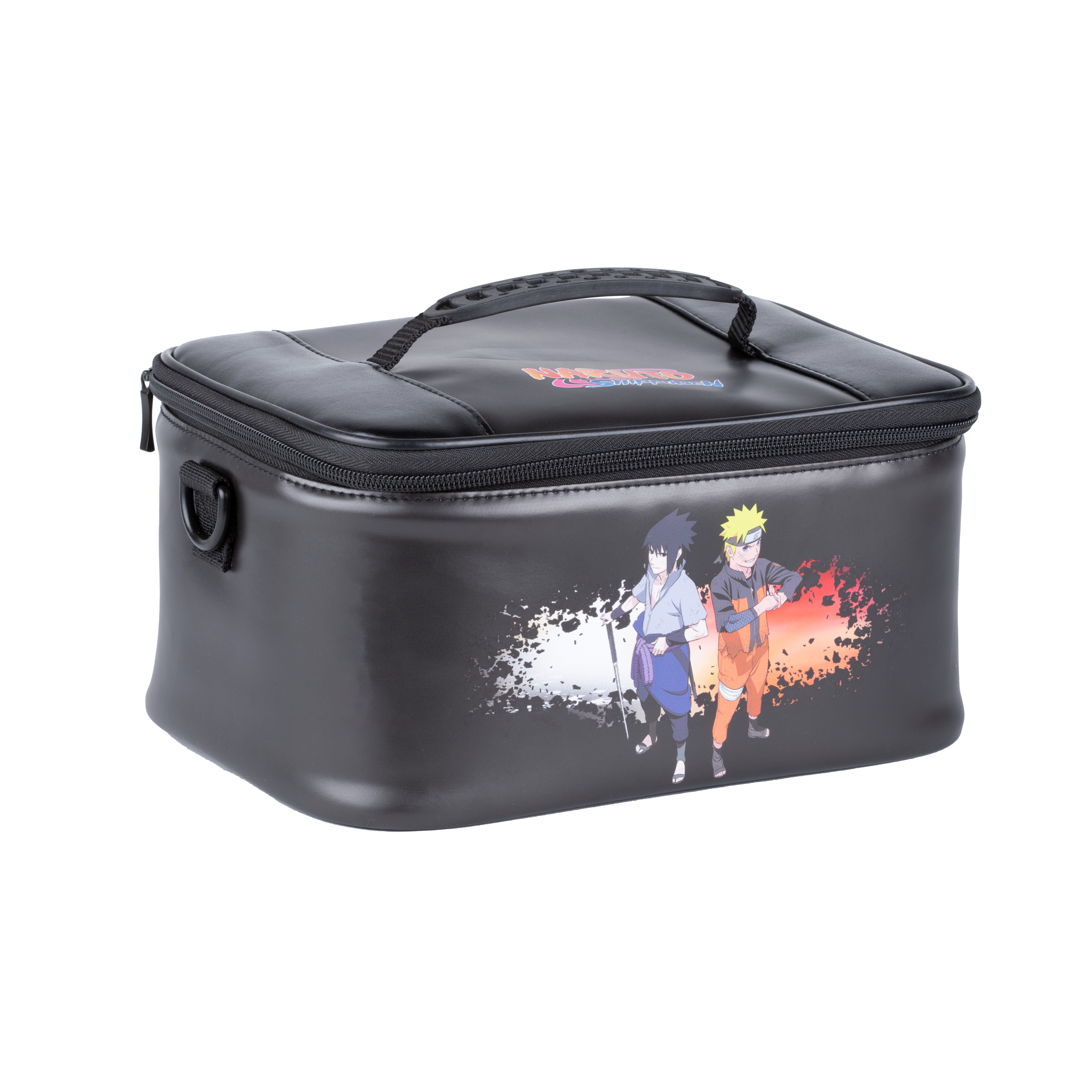 Czarna torba na lunch z postaciami z Naruto. Ma uchwyt i zamek błyskawiczny. Postacie to Sasuke i Naruto.