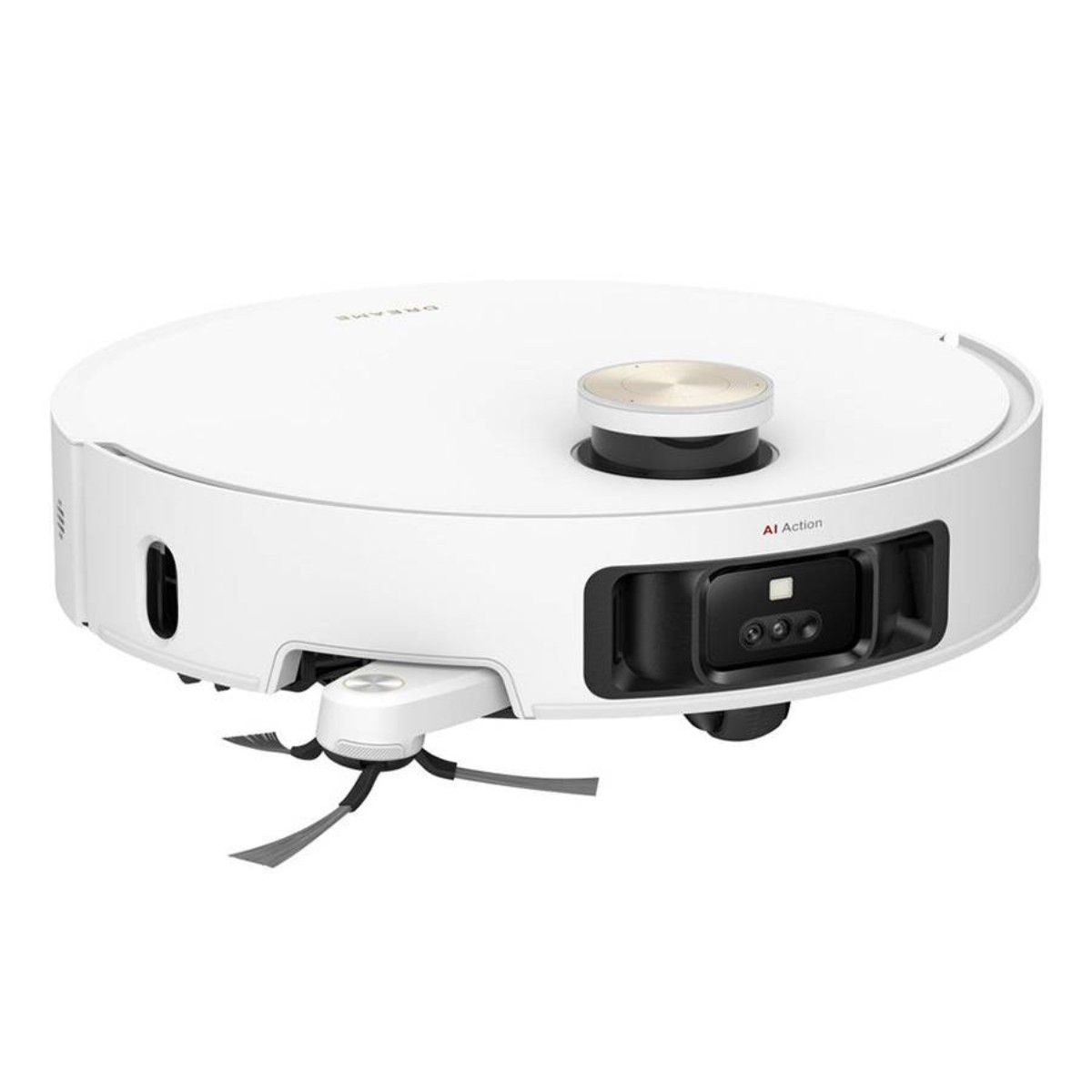 Ein weißer Roboter-Staubsauger mit einem schwarzen Sensorbereich, grauen Bürsten und einem goldenen Akzent oben. Die Worte 'AI Action' sind sichtbar.
