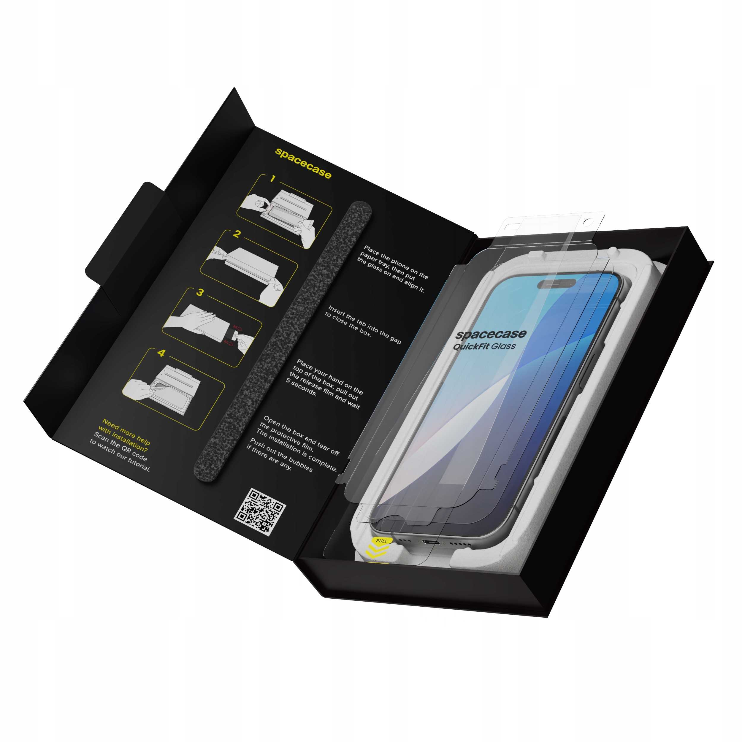 Otwarte pudełko z telefonem i ochraniaczem ekranu. Instrukcje są pokazane na pudełku. Ochraniacz ekranu jest w środku.