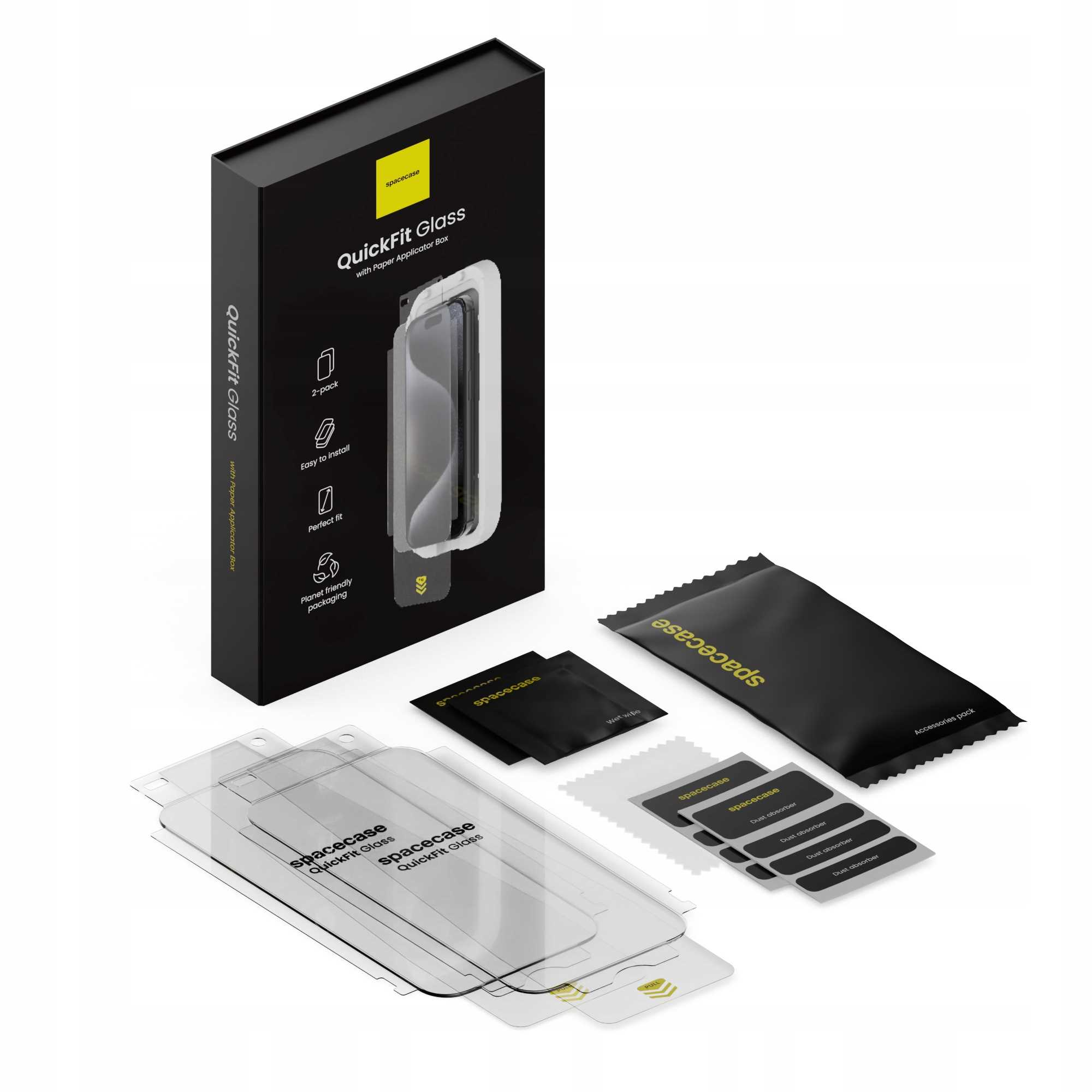 Czarne pudełko z ochraniaczami ekranu, chusteczkami i naklejkami. Pudełko pokazuje funkcje, takie jak łatwa instalacja i ekologiczne opakowanie.