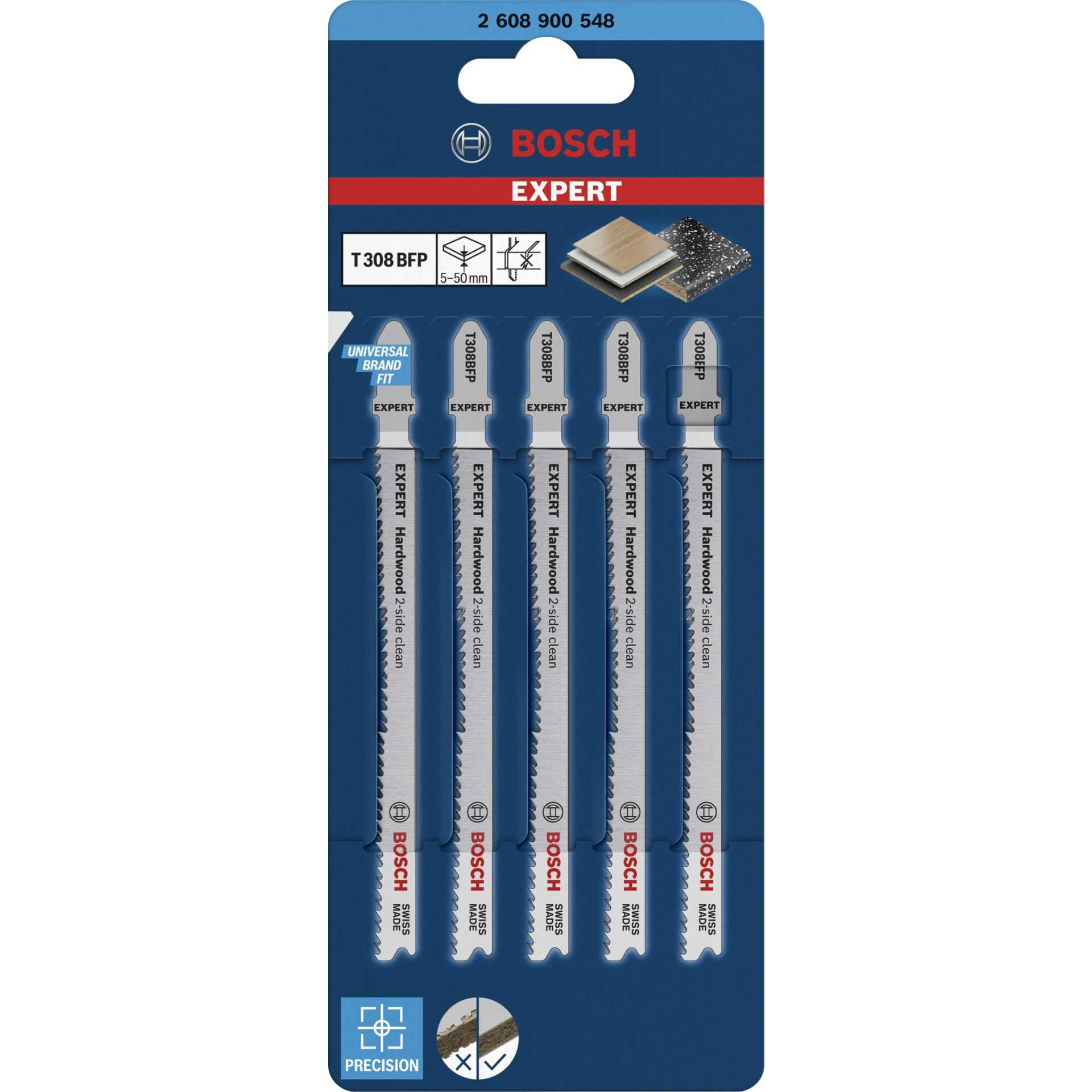 Opakowanie brzeszczotów Bosch Expert. Posiada kilka brzeszczotów do twardego drewna z logo Bosch i innymi szczegółami produktu.