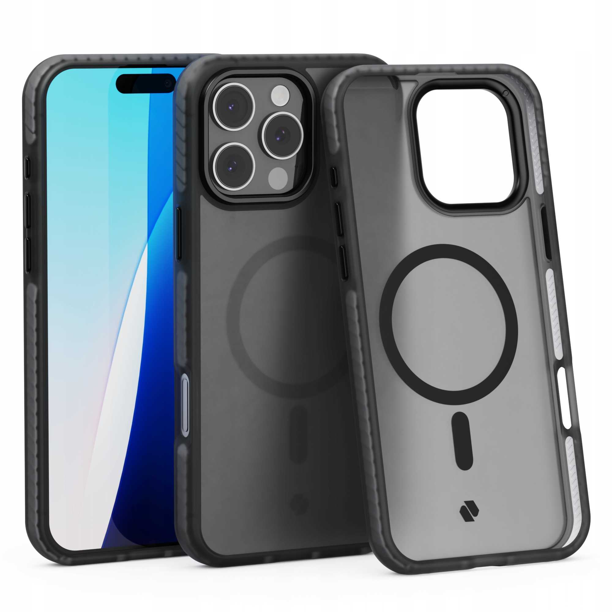 Trzy czarne etui na telefon. Jedno wyświetla ekran telefonu. Dwa pozostałe są przezroczyste, pokazując okrągły i prostokątny magnetyczny wzór.