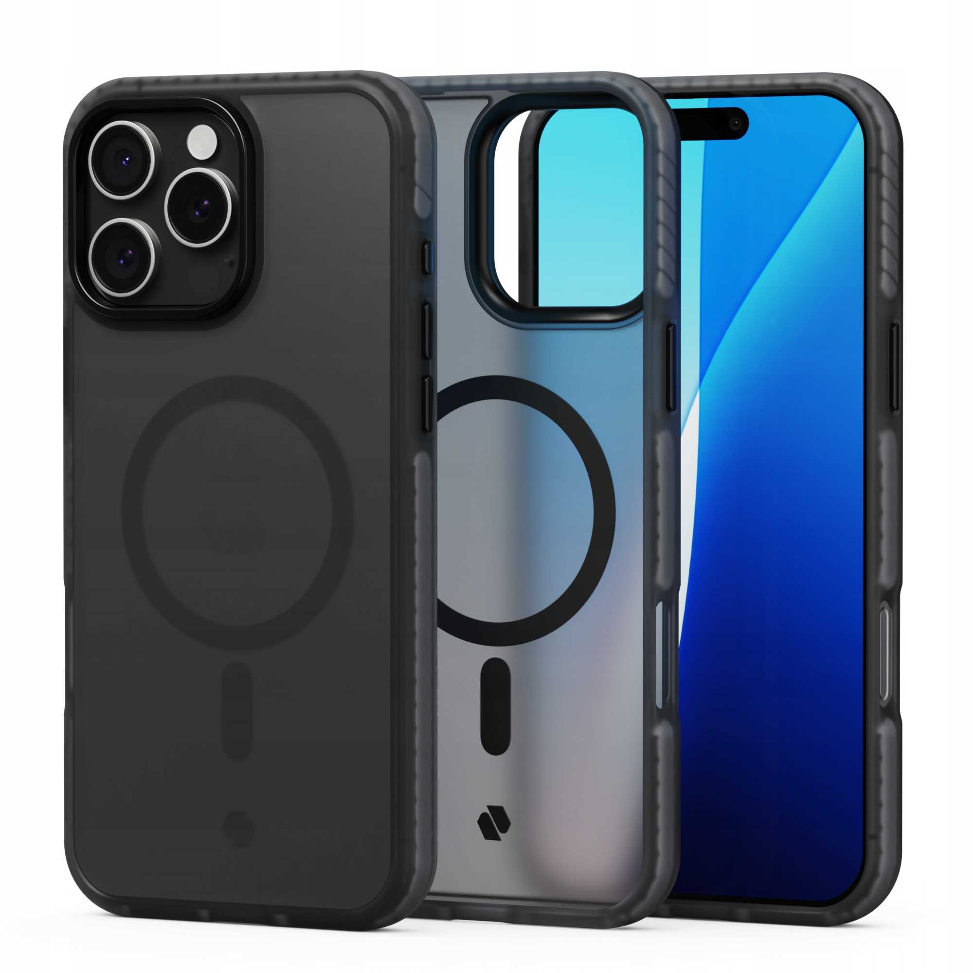 Trzy etui na telefony, jedno czarne, jedno przezroczyste i jedno z niebieskim ekranem. Czarne etui ma okrągły wzór.