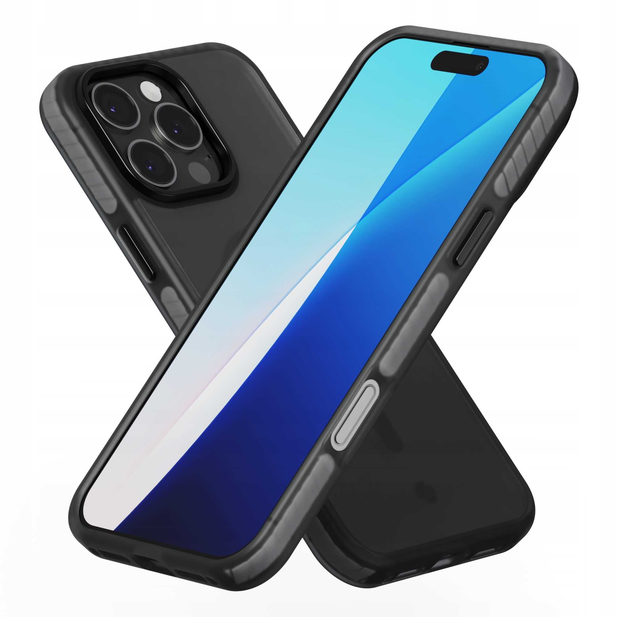 Dwa czarne etui na telefon, jedno na drugim, z niebieskim ekranem. Etui są przezroczyste. Białe tło.