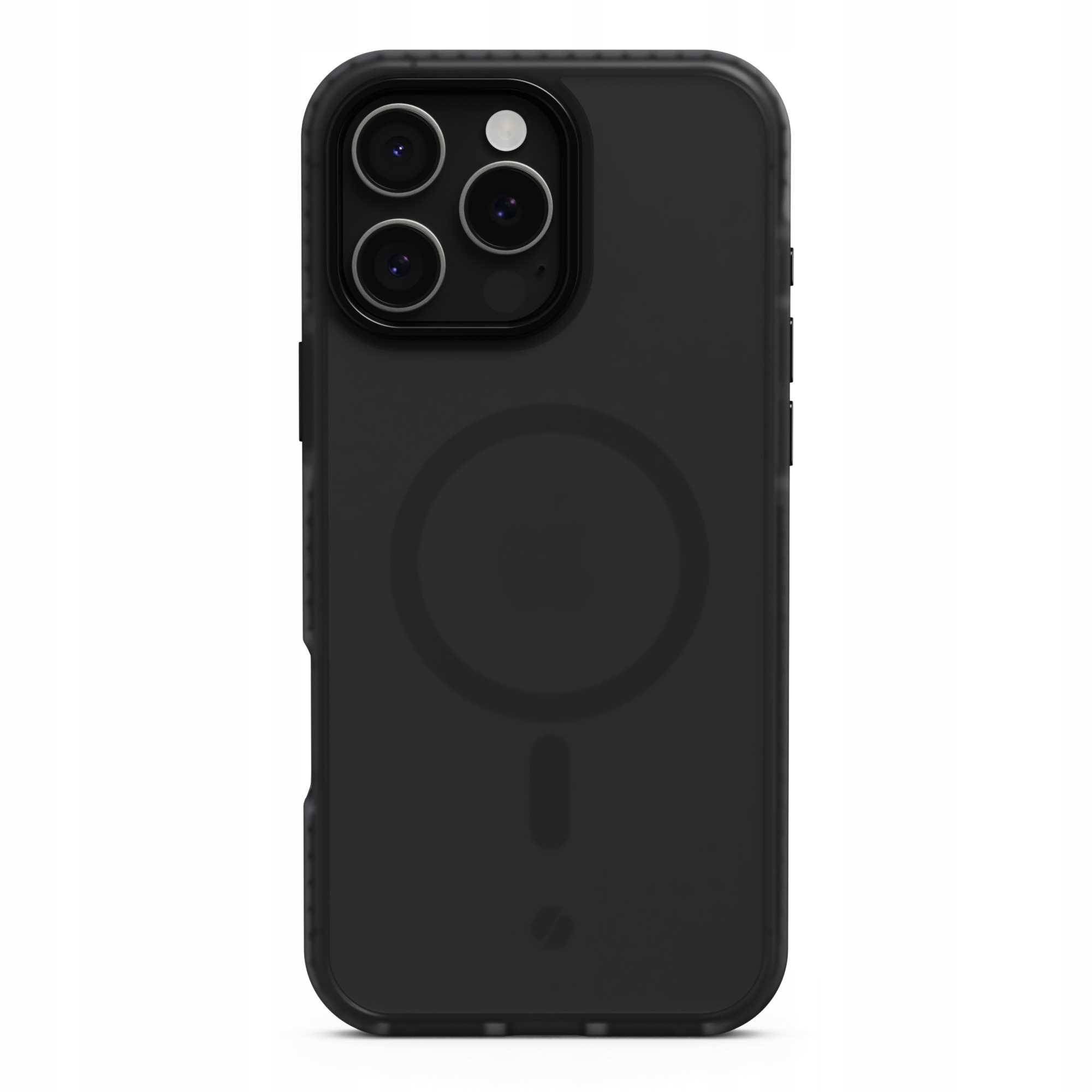 Czarne etui na iPhone'a z trzema obiektywami i pierścieniem MagSafe. Tył matowy, ramka błyszcząca.