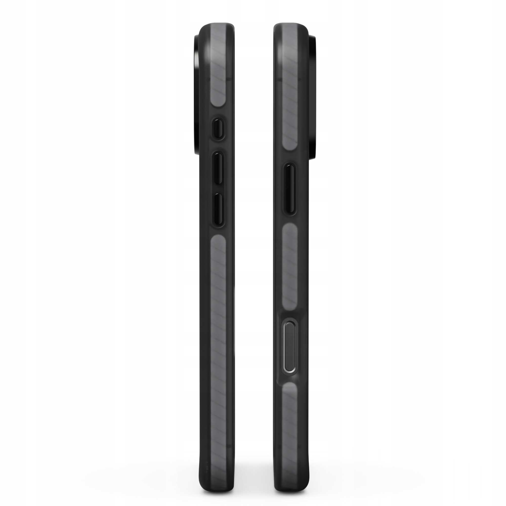 Dwie czarne obudowy telefonów obok siebie, pokazujące profile boczne. Przyciski i wycięcia widoczne na białym tle.