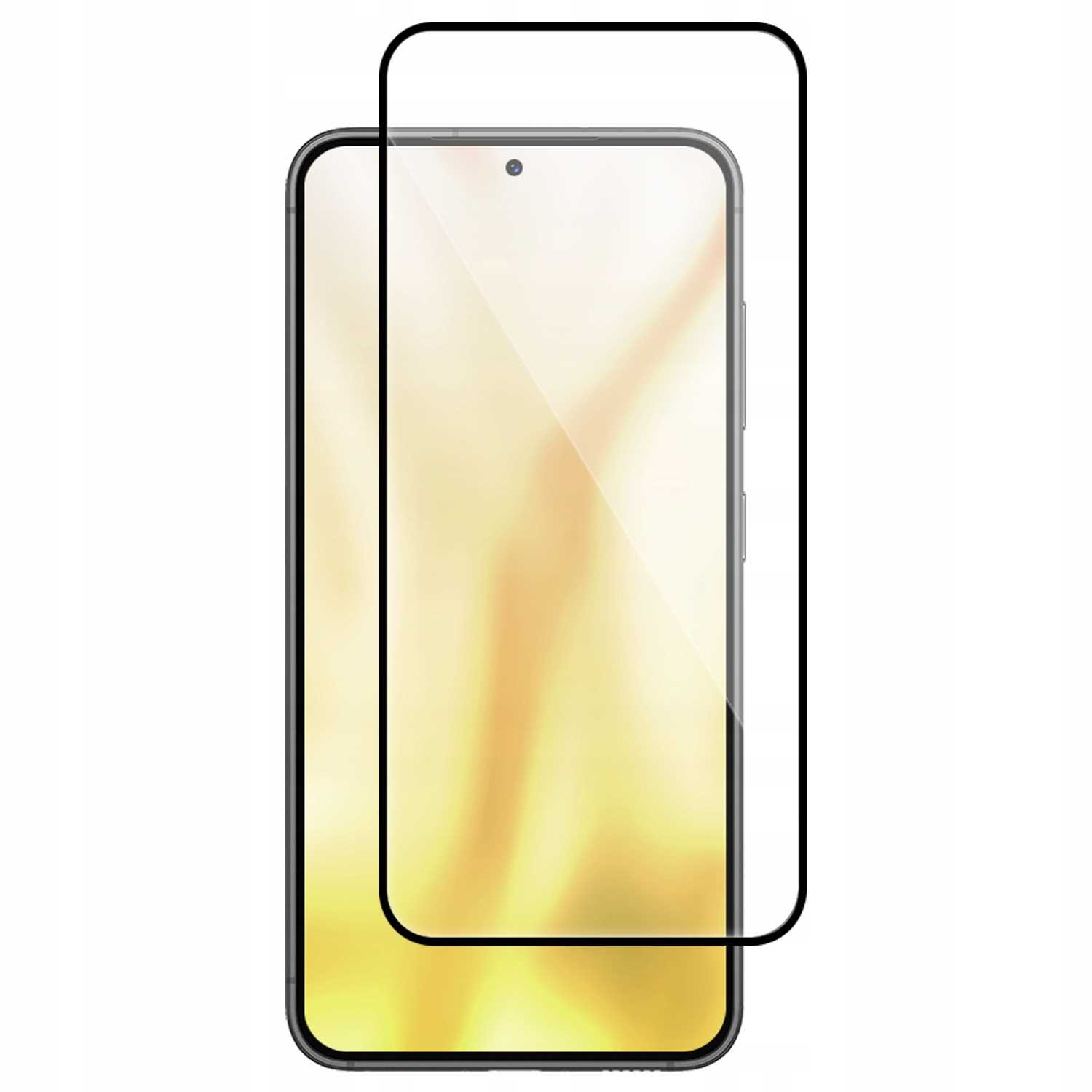Smartfon z nałożoną osłoną ekranu. Telefon jest czarny ze złotym ekranem, a osłona ma czarne krawędzie.