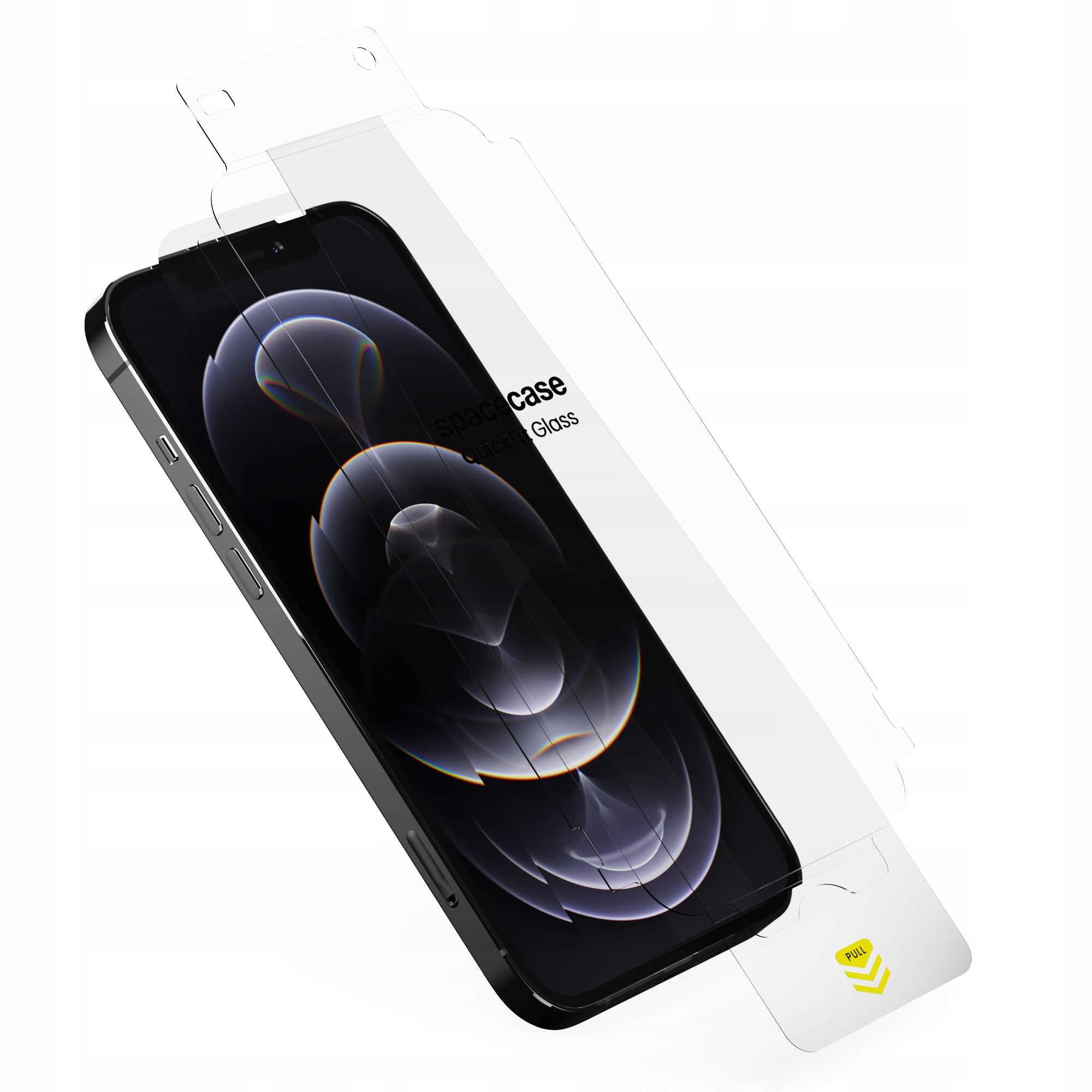 iPhone z osłoną ekranu i opakowaniem. Telefon jest czarny, opakowanie białe, a ochrona szklana.