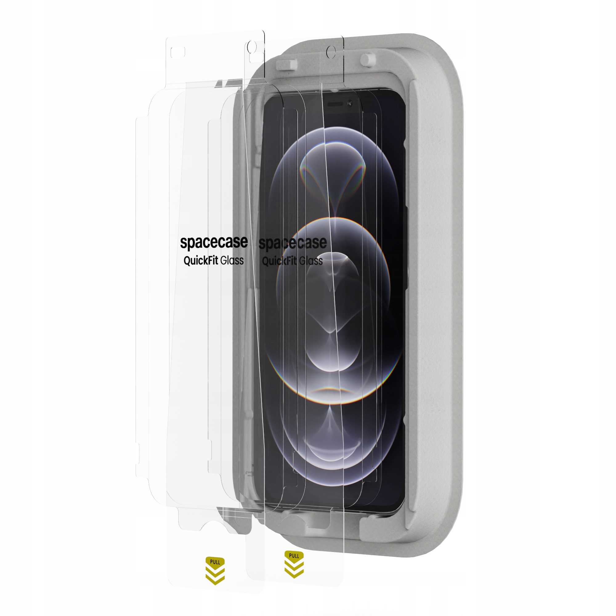 Etui ochronne z ochraniaczami ekranu. Przezroczyste ochraniacze szklane z spacecase QuickFit Glass. Ekran telefonu widoczny.