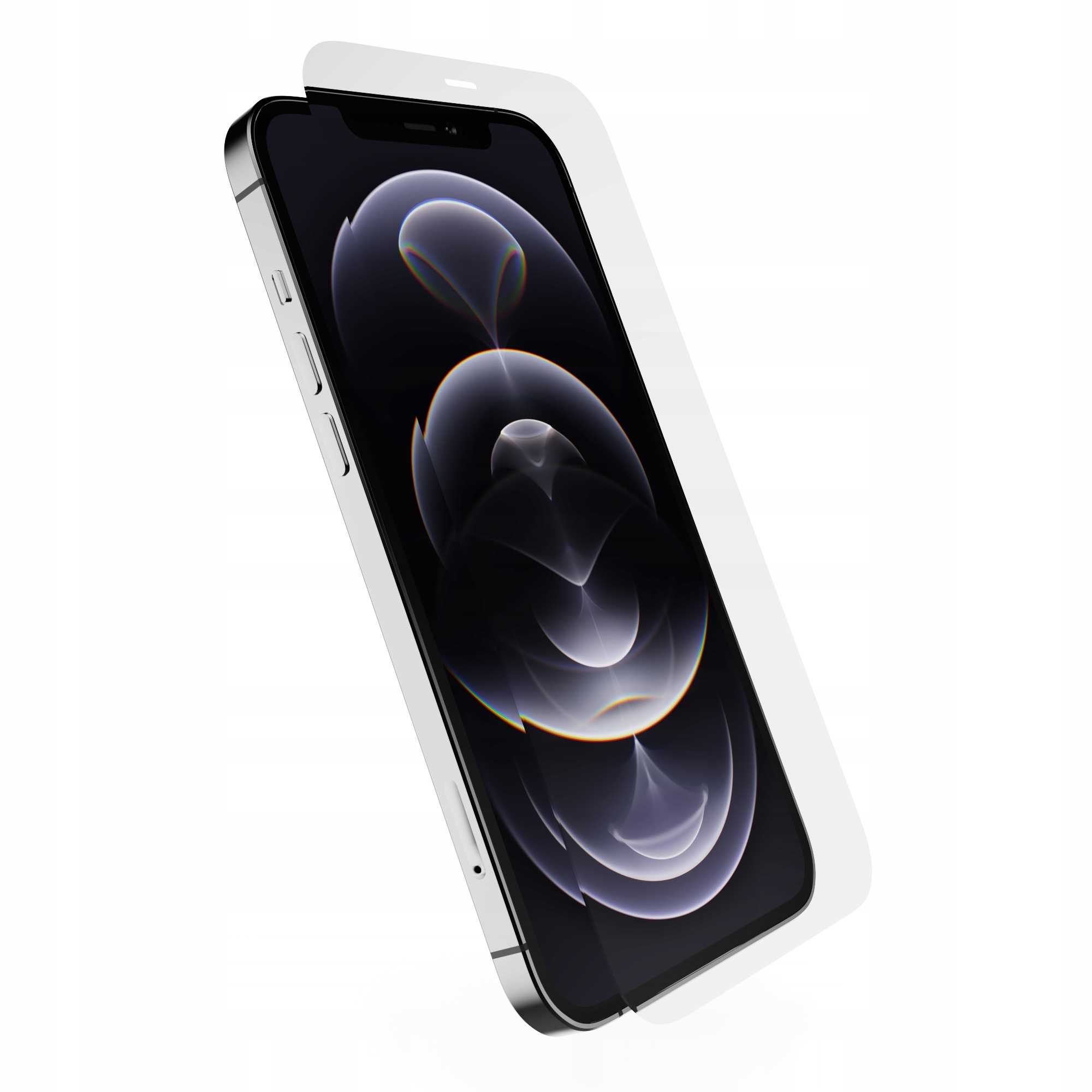 iPhone z nałożonym ochraniaczem ekranu. Telefon jest srebrny, a ekran wyświetla ciemny, abstrakcyjny wzór.
