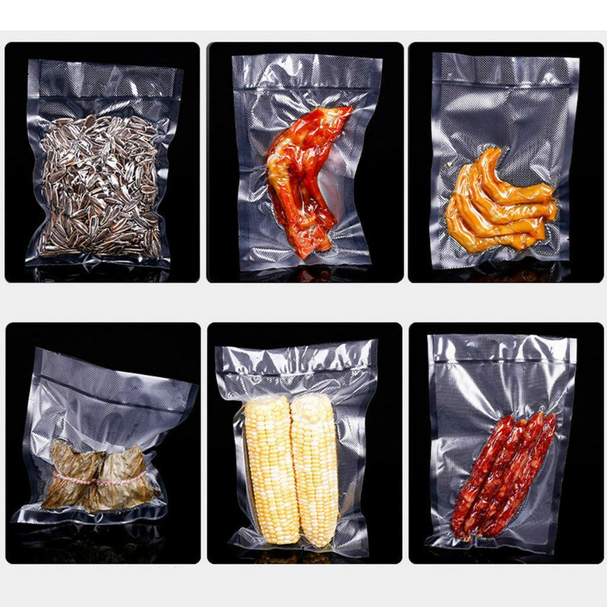 Seis bolsas selladas al vacío con comida. Semillas de girasol, pollo cocido, snacks fritos, comida envuelta, mazorcas de maíz y salchichas.