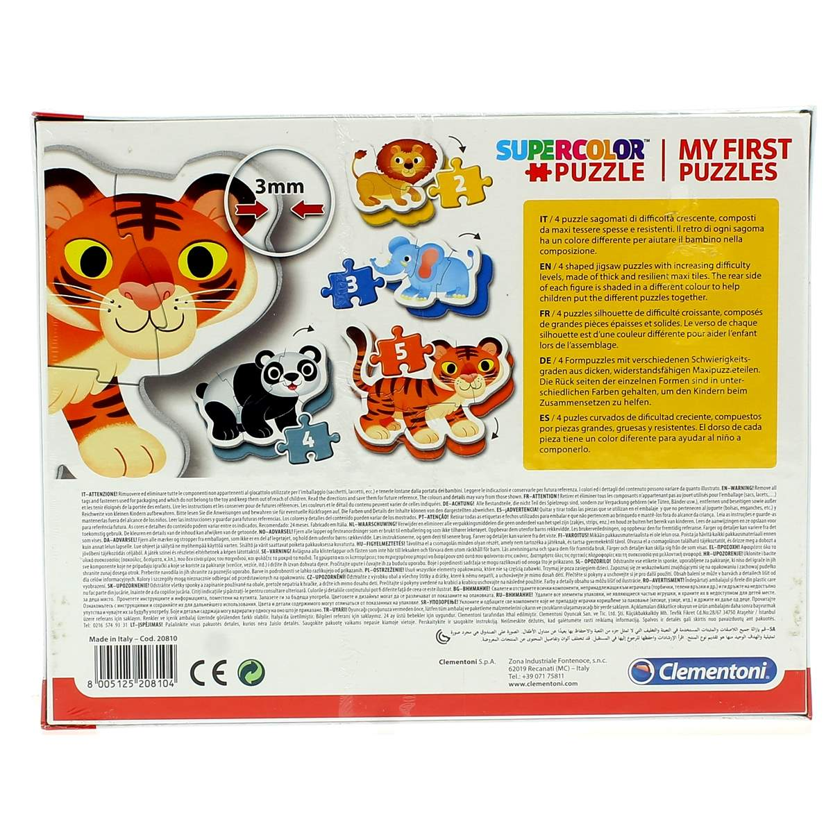 Pudełko z puzzlami z tygrysem, pandą, słoniem, lwem i tygrysimi puzzlami.