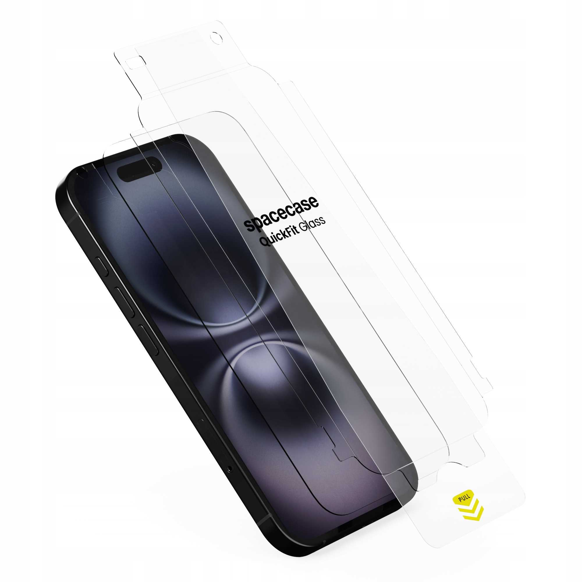 Czarny telefon z ochraniaczem ekranu. Opakowanie z marką spacecase QuickFit Glass. Tło jest białe.