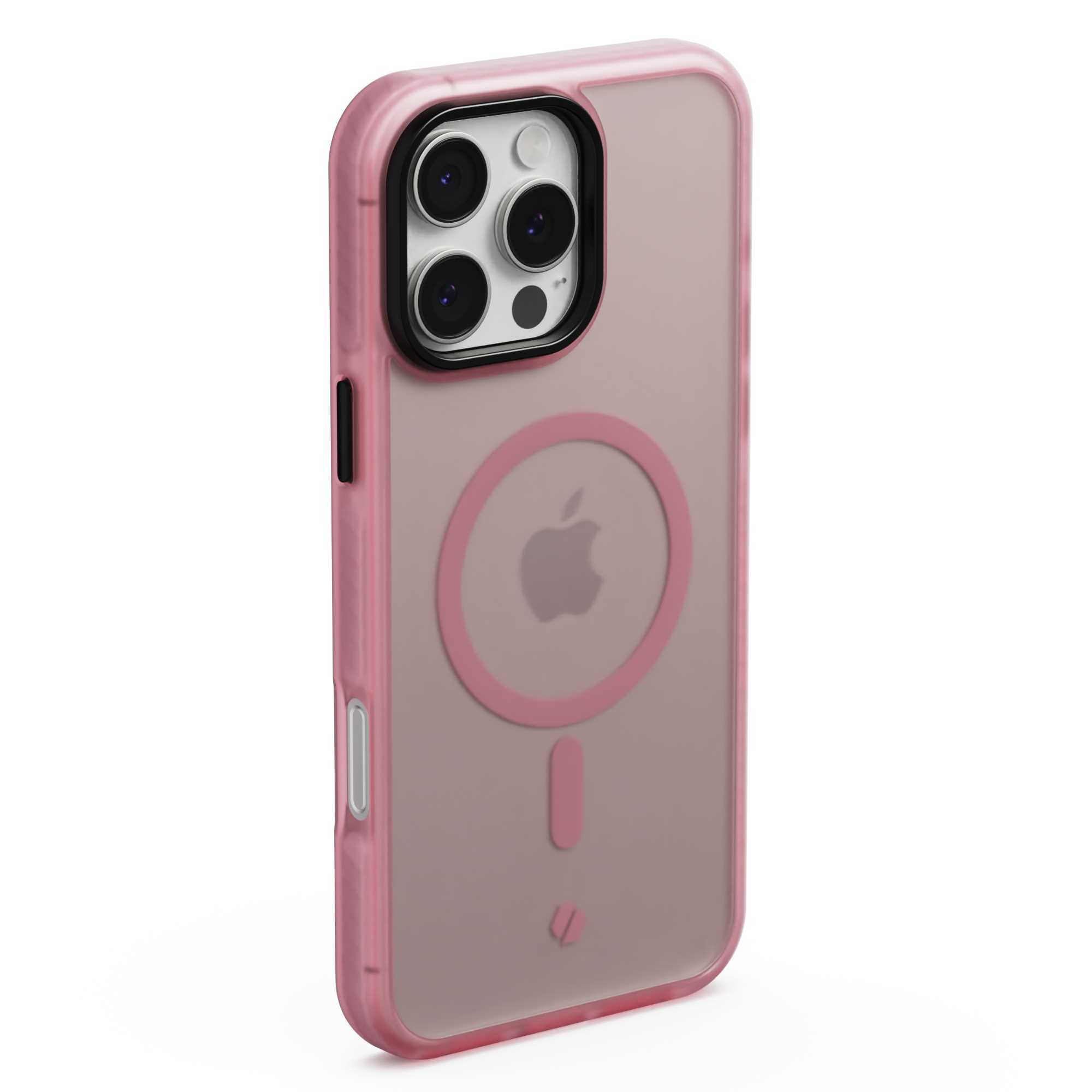 Różowe etui na iPhone'a. Przezroczysty tył z różowymi akcentami. Posiada logo Apple i wycięcia na aparat. Widoczne boczne przyciski.