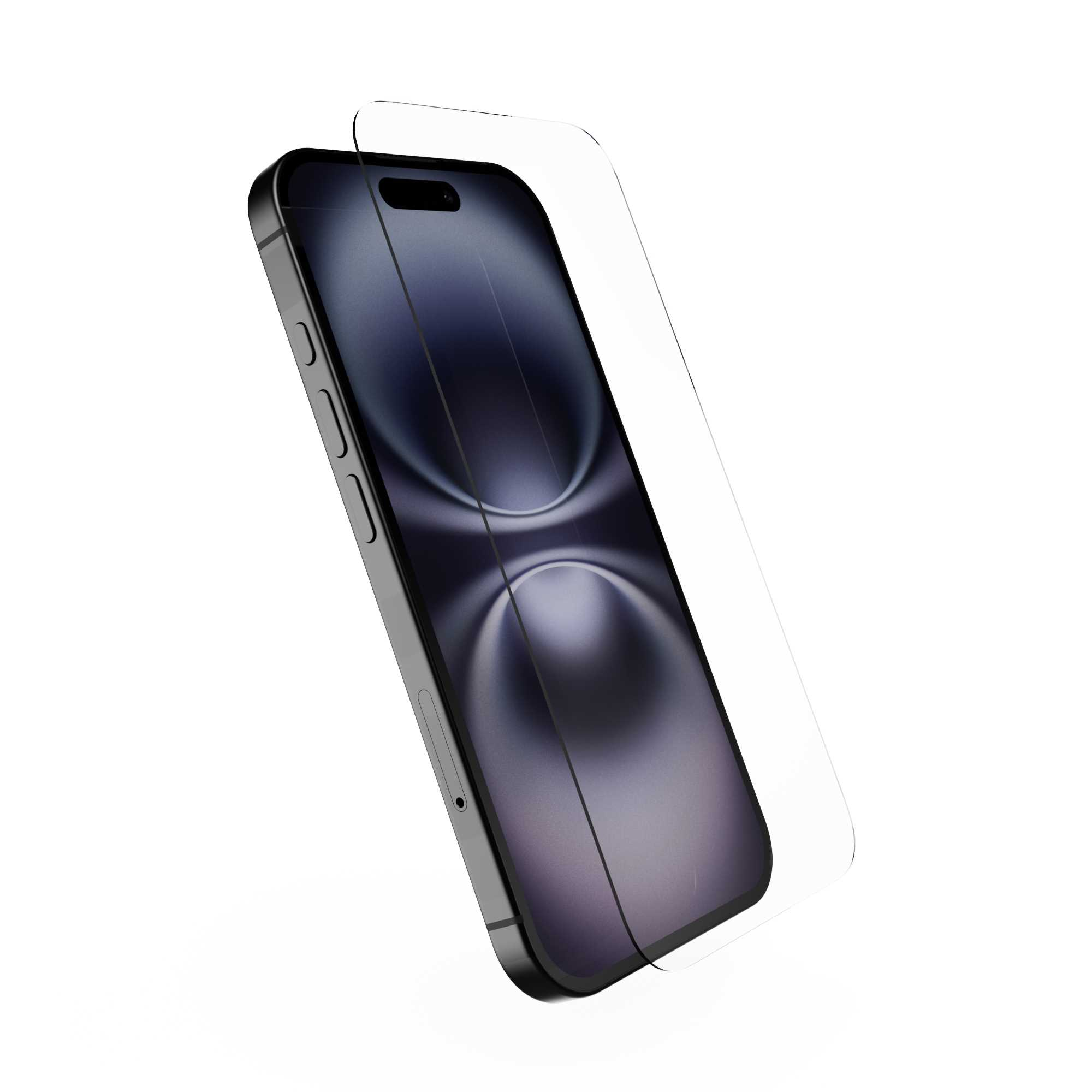 Smartfon z ochroną ekranu jest odizolowany na białym tle. Telefon jest czarny.