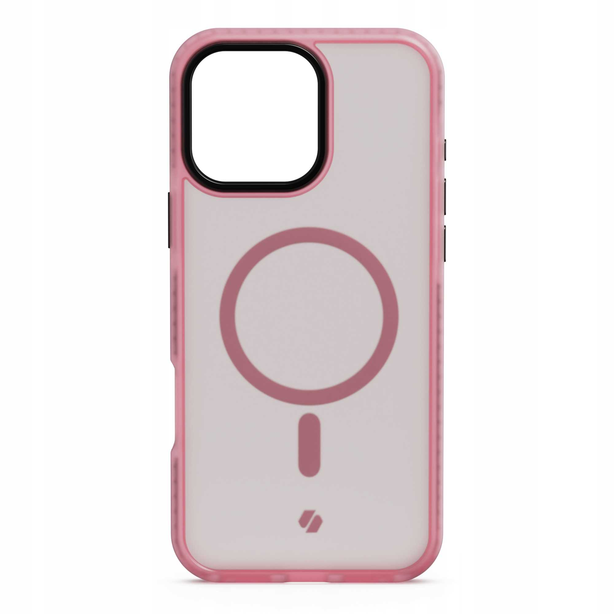 Różowe etui na telefon z przezroczystym tyłem. Ma czarny wycięcie na aparat i wzór okręgu i paska MagSafe.