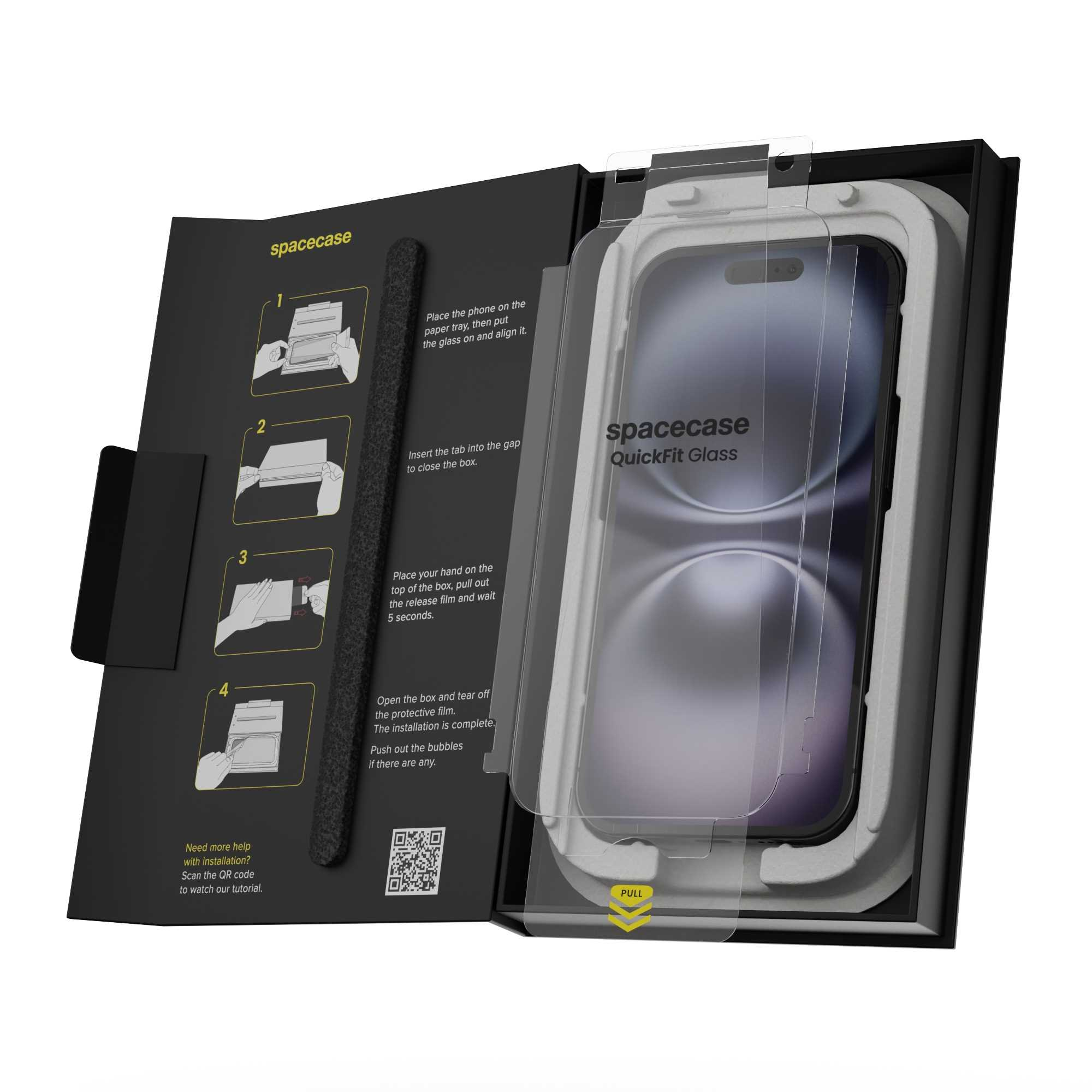 Pudełko Spacecase QuickFit Glass pokazuje kroki instalacji. Telefon jest w pudełku, chroniony szklanym ekranem. Instrukcje po lewej stronie.