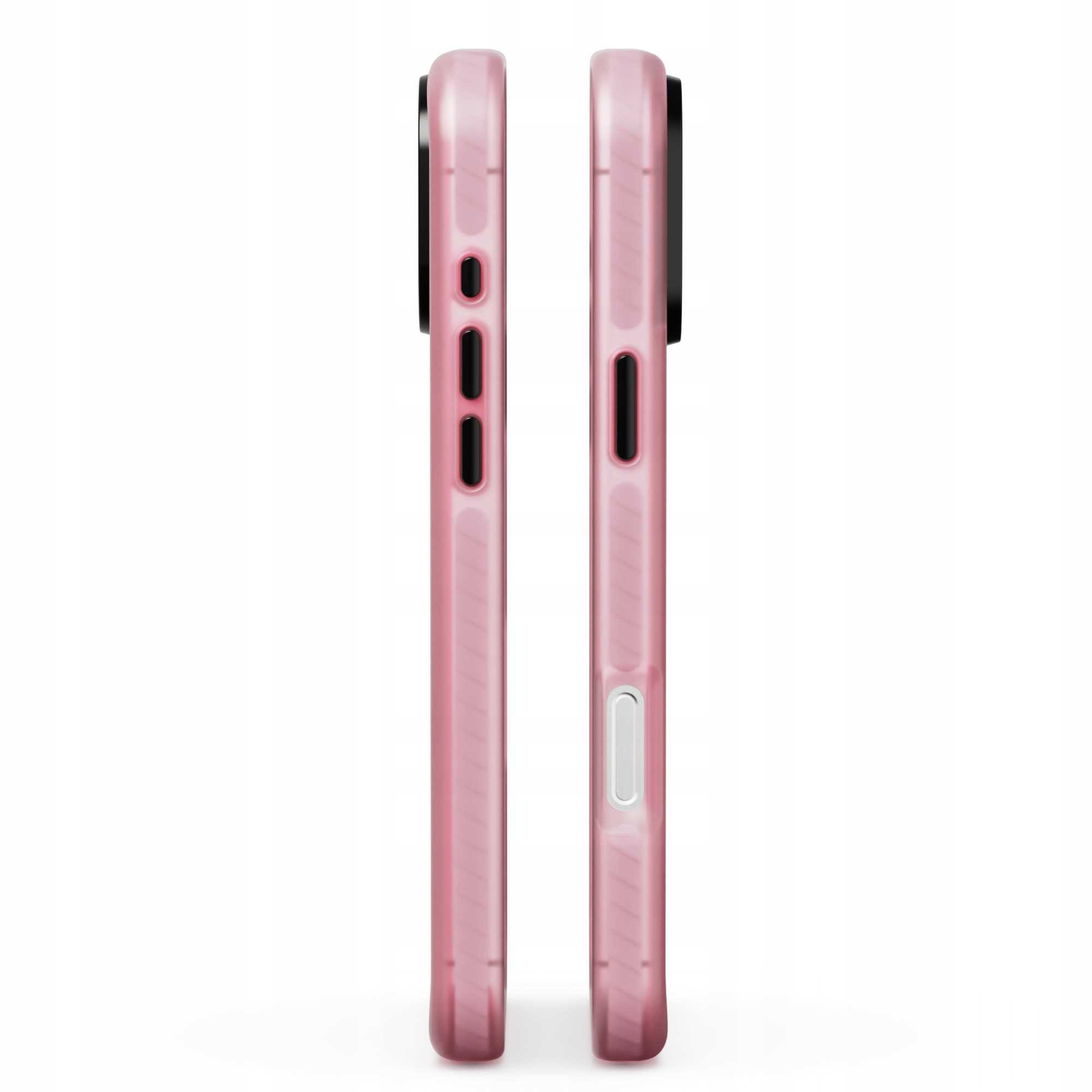 Dwa różowe etui na telefon obok siebie na białym tle. Jedno pokazuje przyciski i otwory, drugie przycisk.