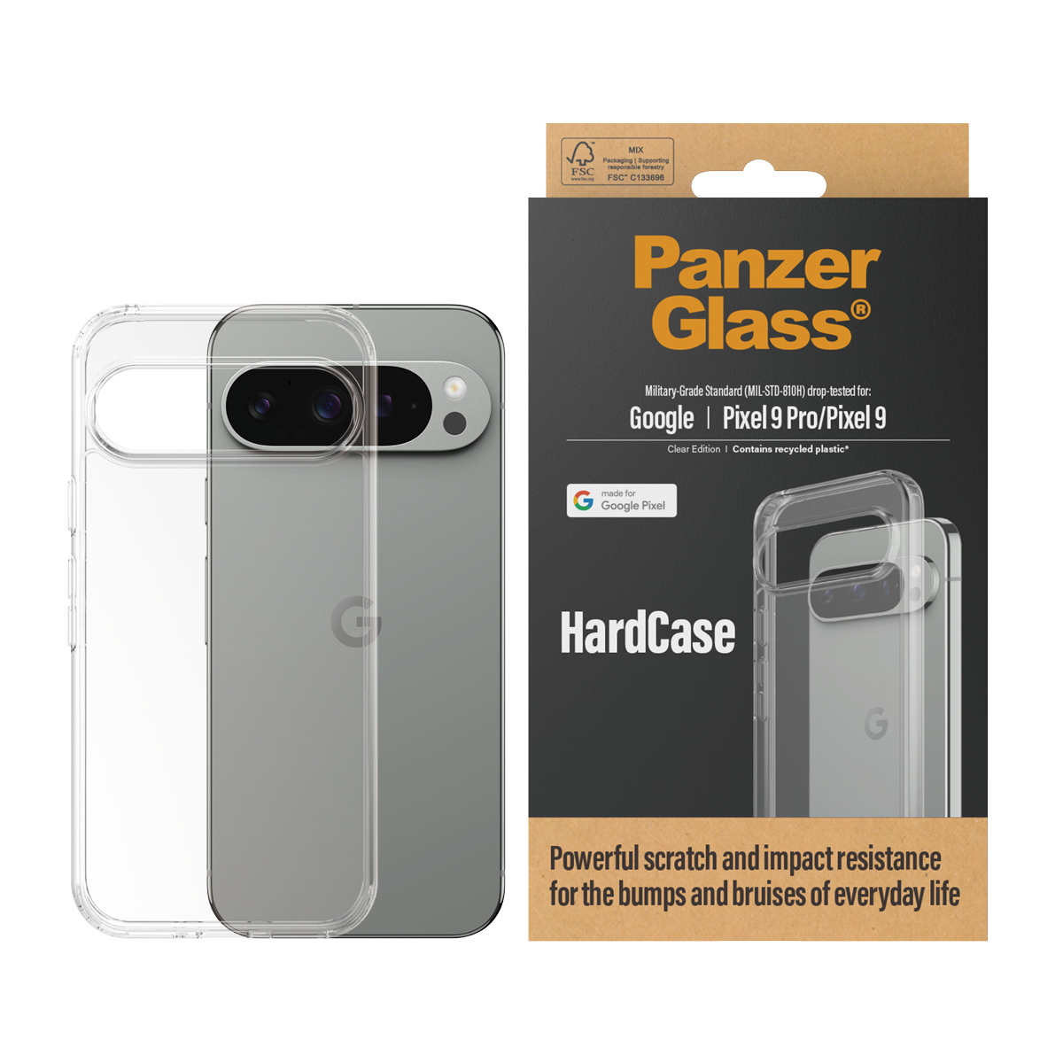 Custodia trasparente con telefono all'interno, su una scatola di cartone. La scatola dice PanzerGlass e HardCase. Il telefono è Google Pixel.
