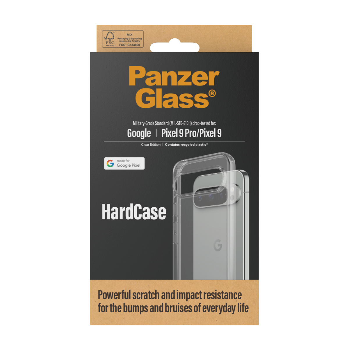 La scatola mostra PanzerGlass HardCase per Google Pixel 9 Pro/Pixel 9. È trasparente, di grado militare e resistente ai graffi. L'imballaggio è marrone e nero.