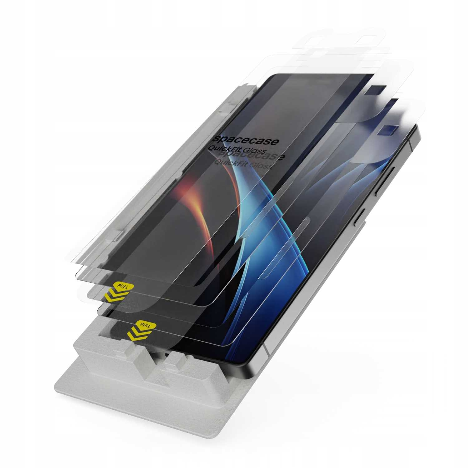 Telefon z warstwami ochronnymi ekranu. Telefon znajduje się na białej podstawie. Tekst na ochraniaczu mówi 'spacecase quick fit glass'.