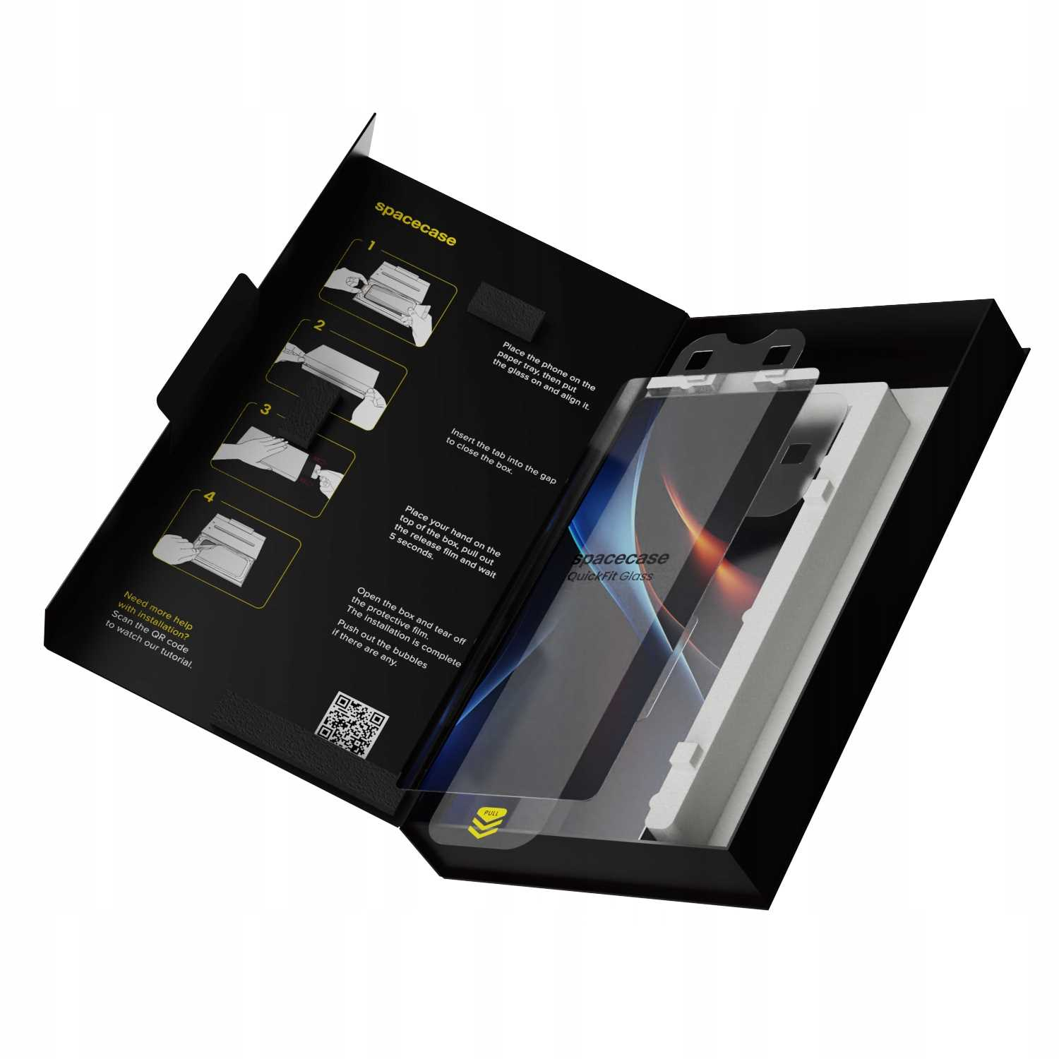 Otwarty karton osłony ekranu telefonu z instrukcjami. Pudełko jest czarne i zawiera osłonę oraz instrukcje.