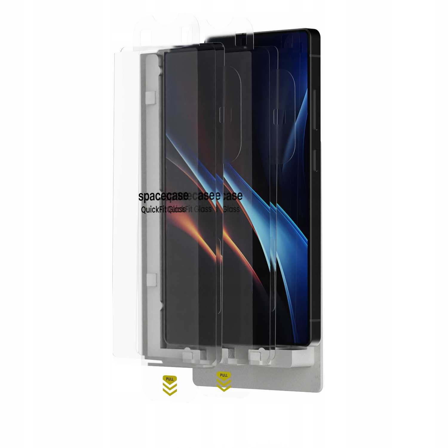 Ochrona ekranu telefonu w plastikowym opakowaniu. Opakowanie ma zakładkę do pociągnięcia, widoczna jest nazwa marki.