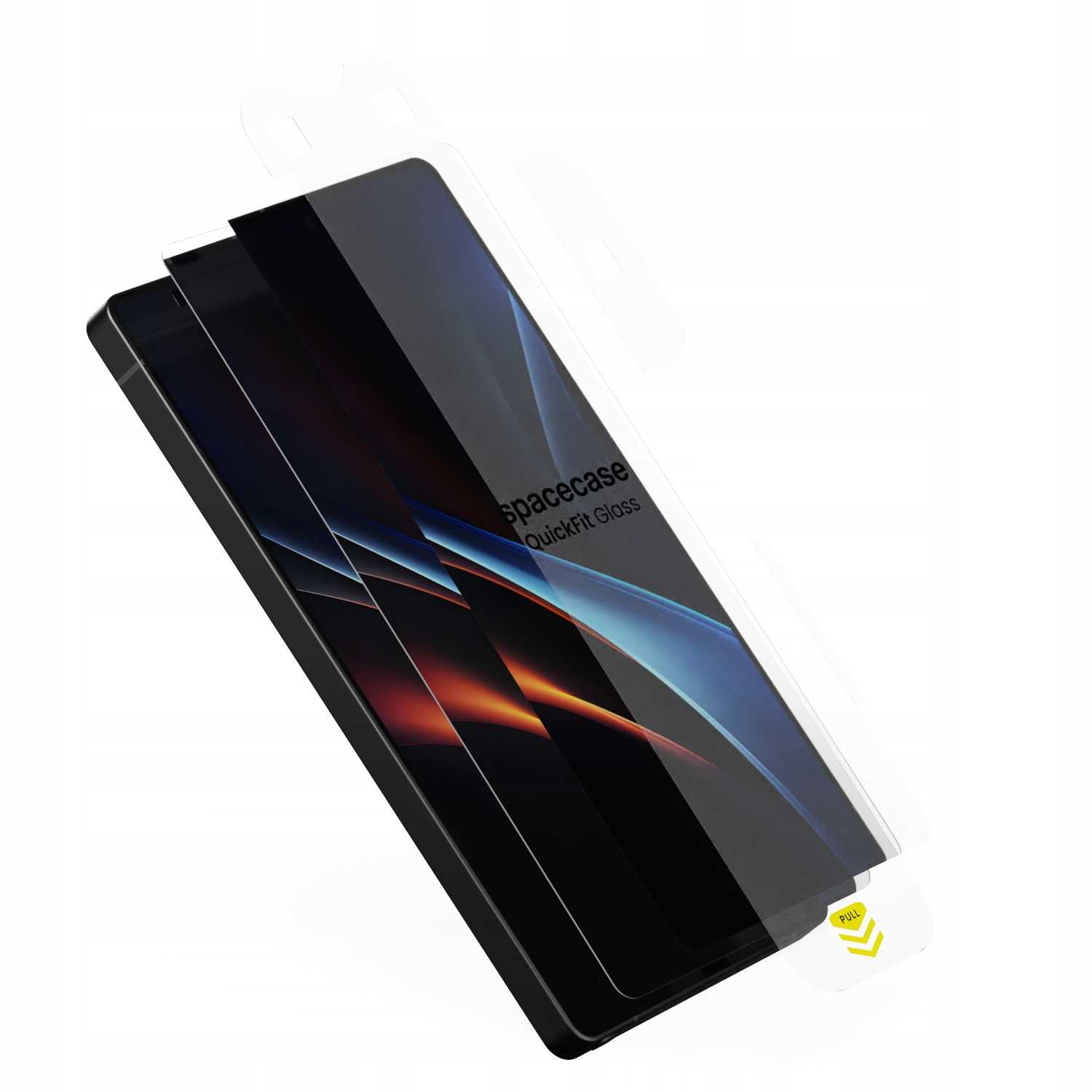 Ochraniacz ekranu telefonu. Jest czarny, z przezroczystą plastikową nakładką. Na opakowaniu widnieje napis 'spacecase QuickFit Glass'.