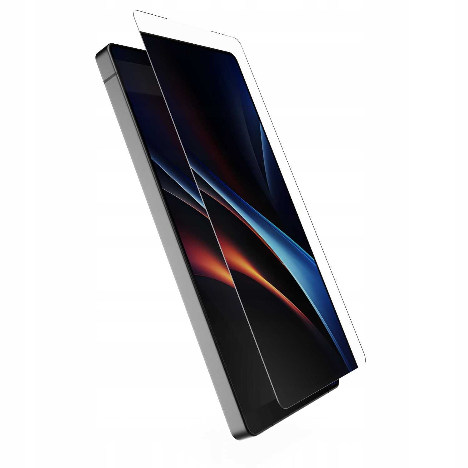 Tablet z osłoną ekranu. Wyświetlacz ma czarne, niebieskie i pomarańczowe gradienty. Ochraniacz jest lekko uniesiony z urządzenia.