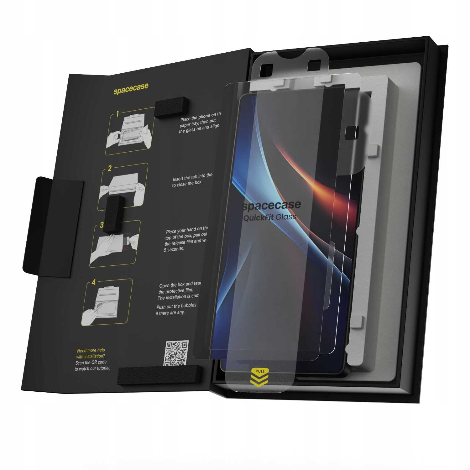 Otwarty zestaw ochronny ekranu telefonu z instrukcjami. Zestaw zawiera ochraniacz, tackę i zakładkę. Pudełko jest czarne.