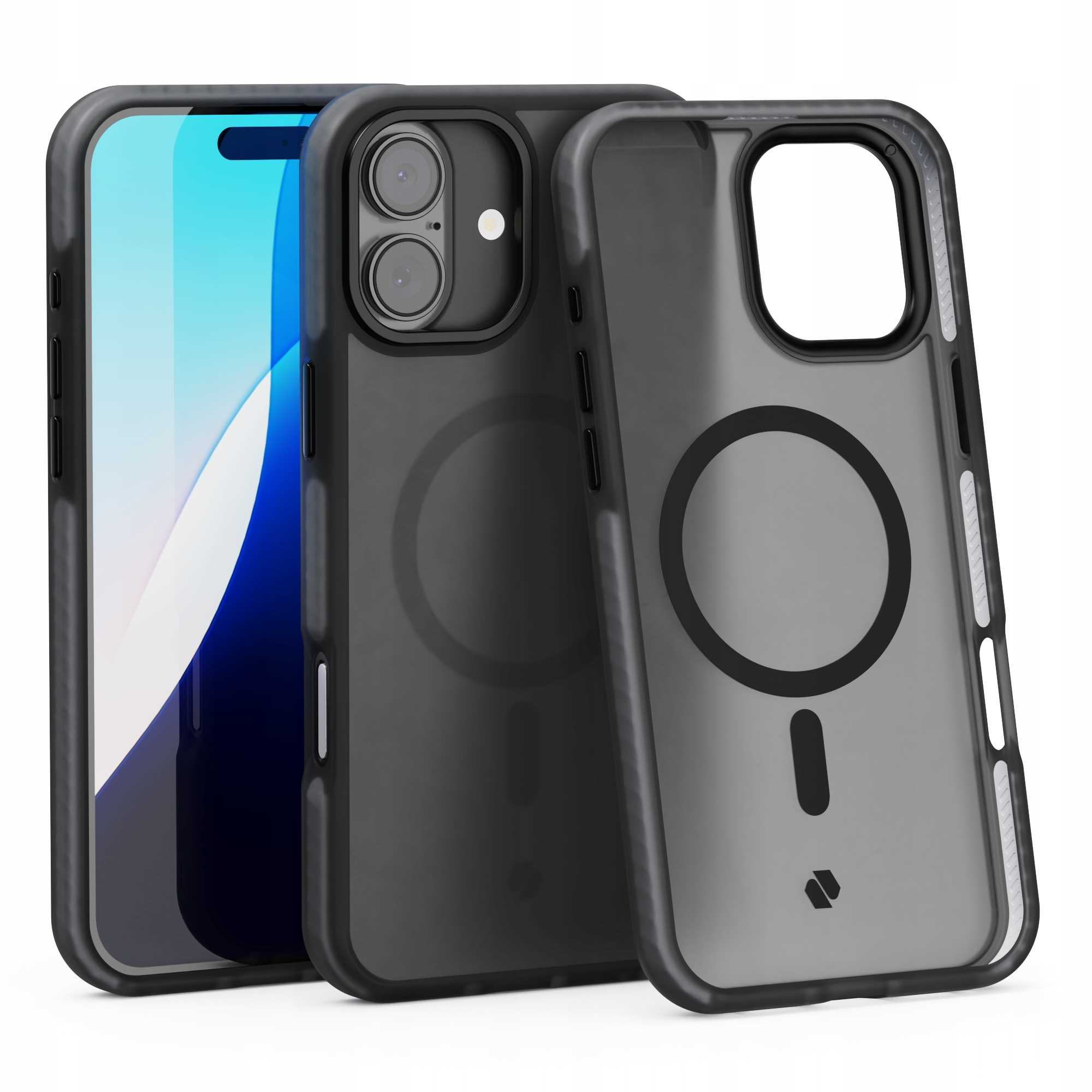 Trzy czarne etui na telefon. Jeden trzyma telefon z niebieskim ekranem. Inny ma wycięcia na aparat. Trzeci jest pusty z pierścieniem magnetycznym.