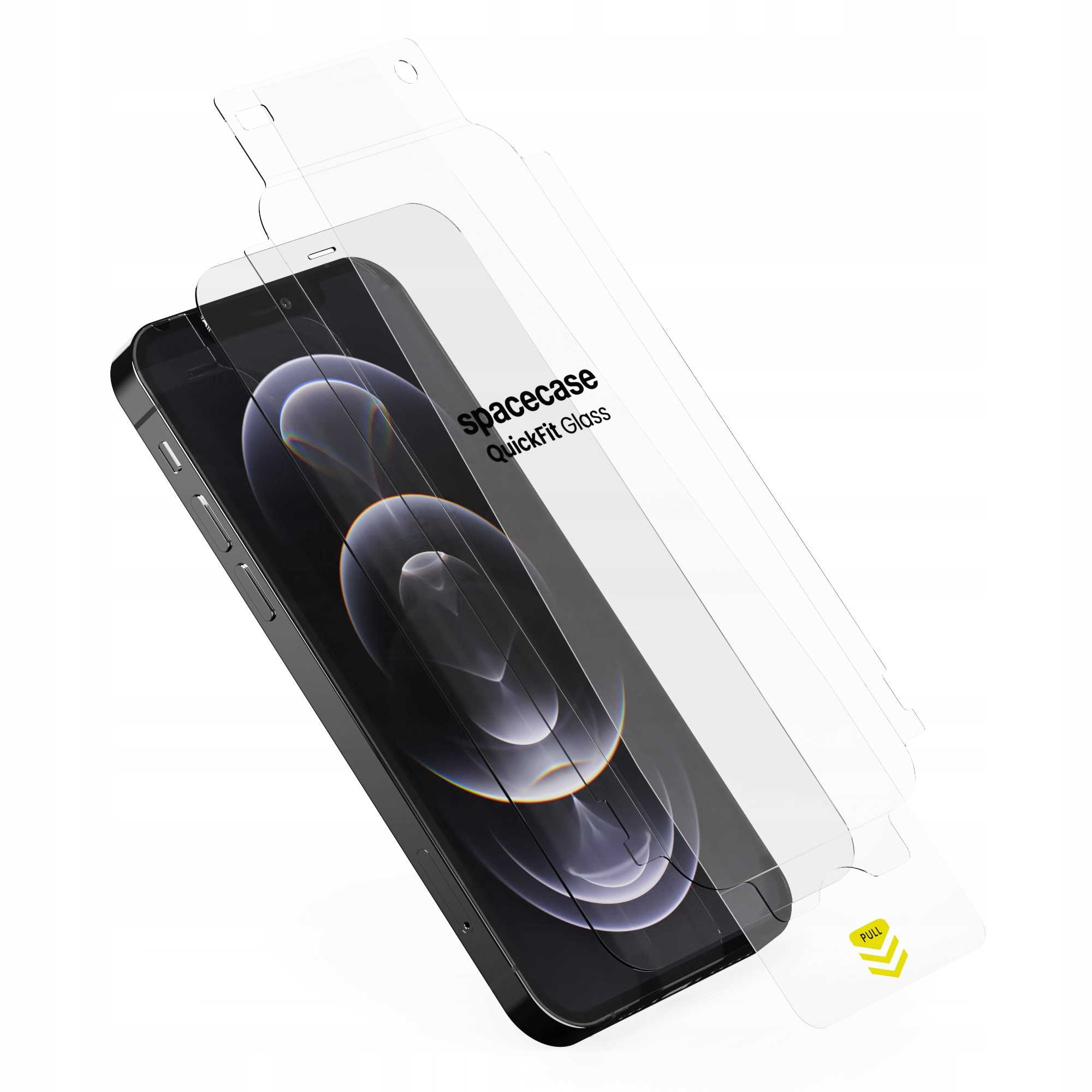 Czarny smartfon z ochraniaczem ekranu i opakowaniem. Ochraniacz jest przezroczysty, a na opakowaniu nadruk 'spacecase'.