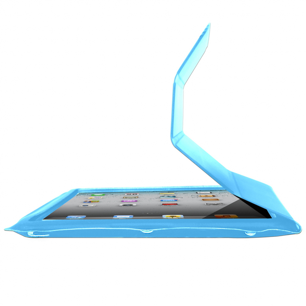 Un iPad azul en una funda protectora, con la tapa parcialmente abierta. La pantalla muestra iconos de aplicaciones sobre fondo blanco.