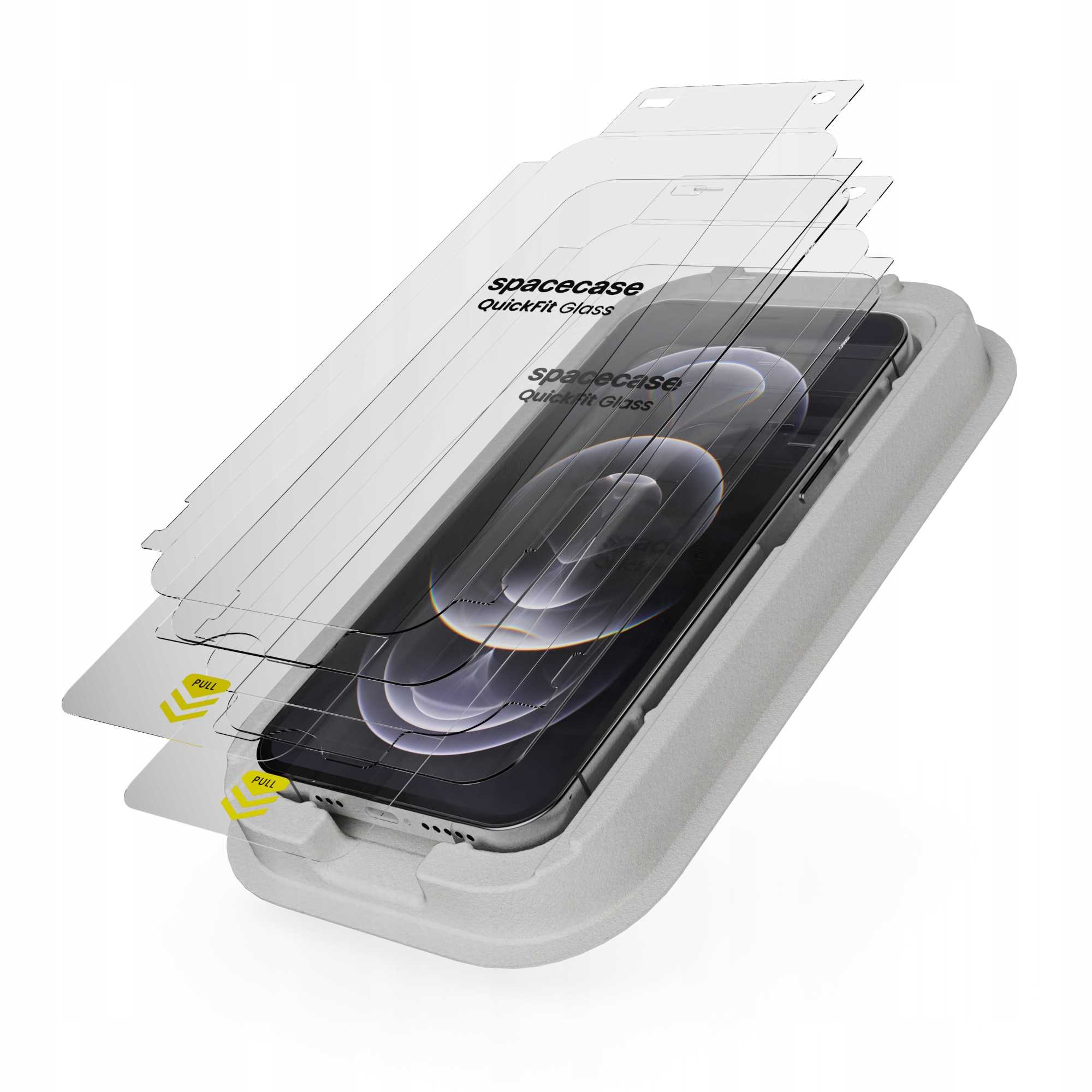 iPhone w szarej obudowie z ochraniaczami ekranu. Ochraniacze są oznaczone spacecase QuickFit Glass. Widoczne strzałki 'Pull'.