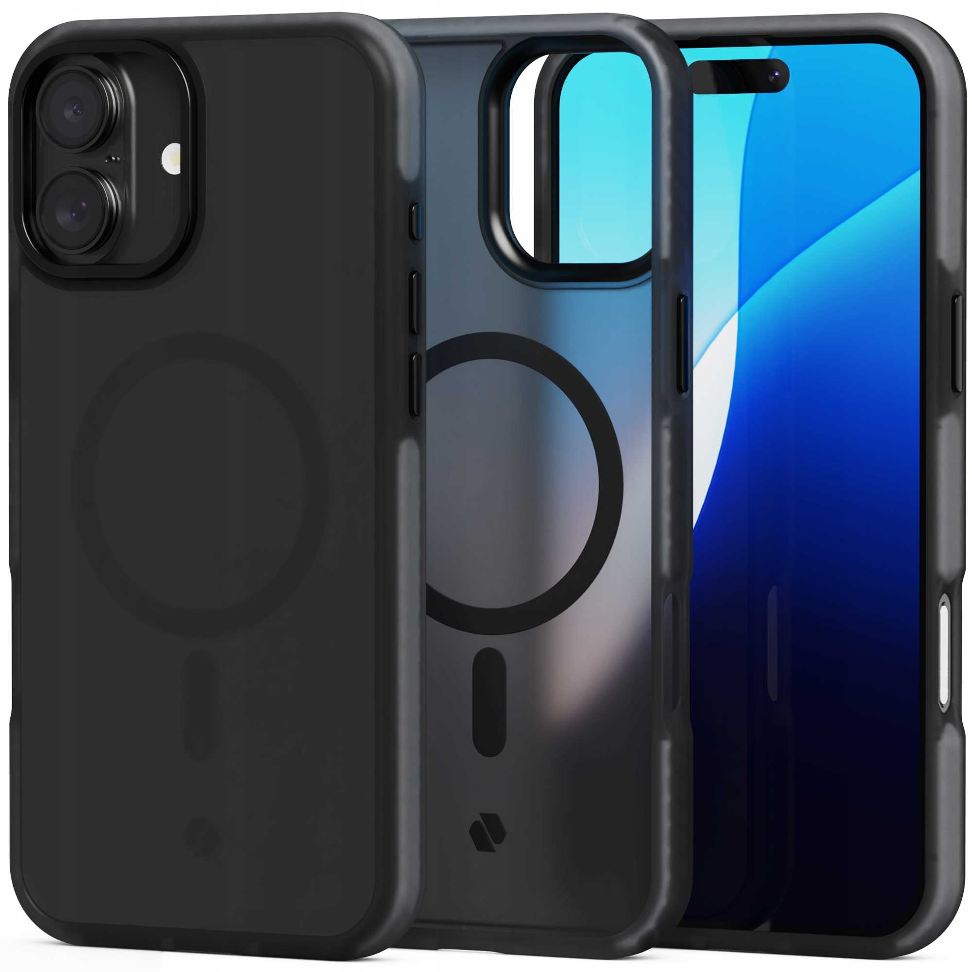 Trzy czarne etui na telefon prezentujące iPhone'a. Etui są warstwowe, odsłaniając ekran telefonu.