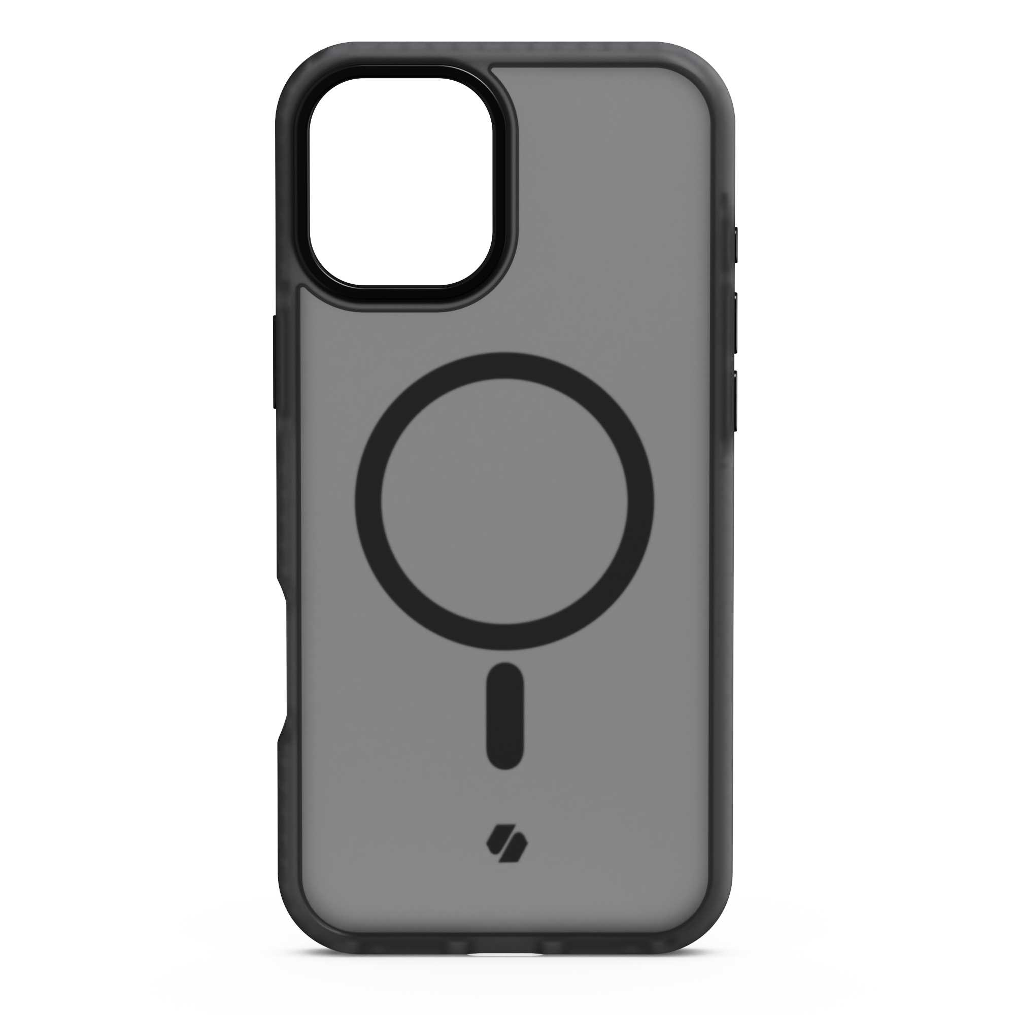 Etui na telefon z czarną ramką i szarym tyłem. Ma wzór koła i kreski, z logo na dole.
