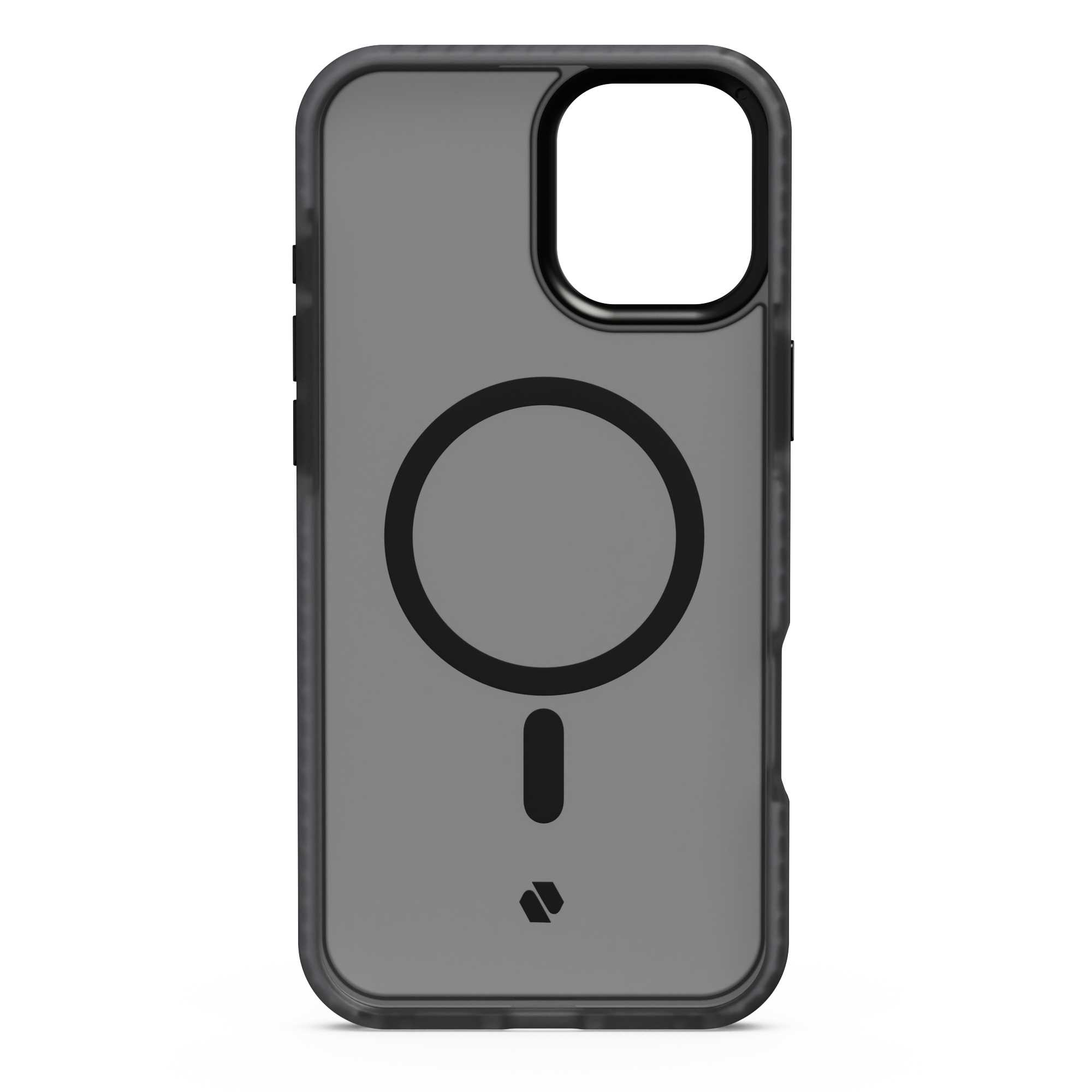 Szare etui na telefon z czarną ramką. Posiada okrągły magnetyczny wzór i wykrzyknik poniżej.