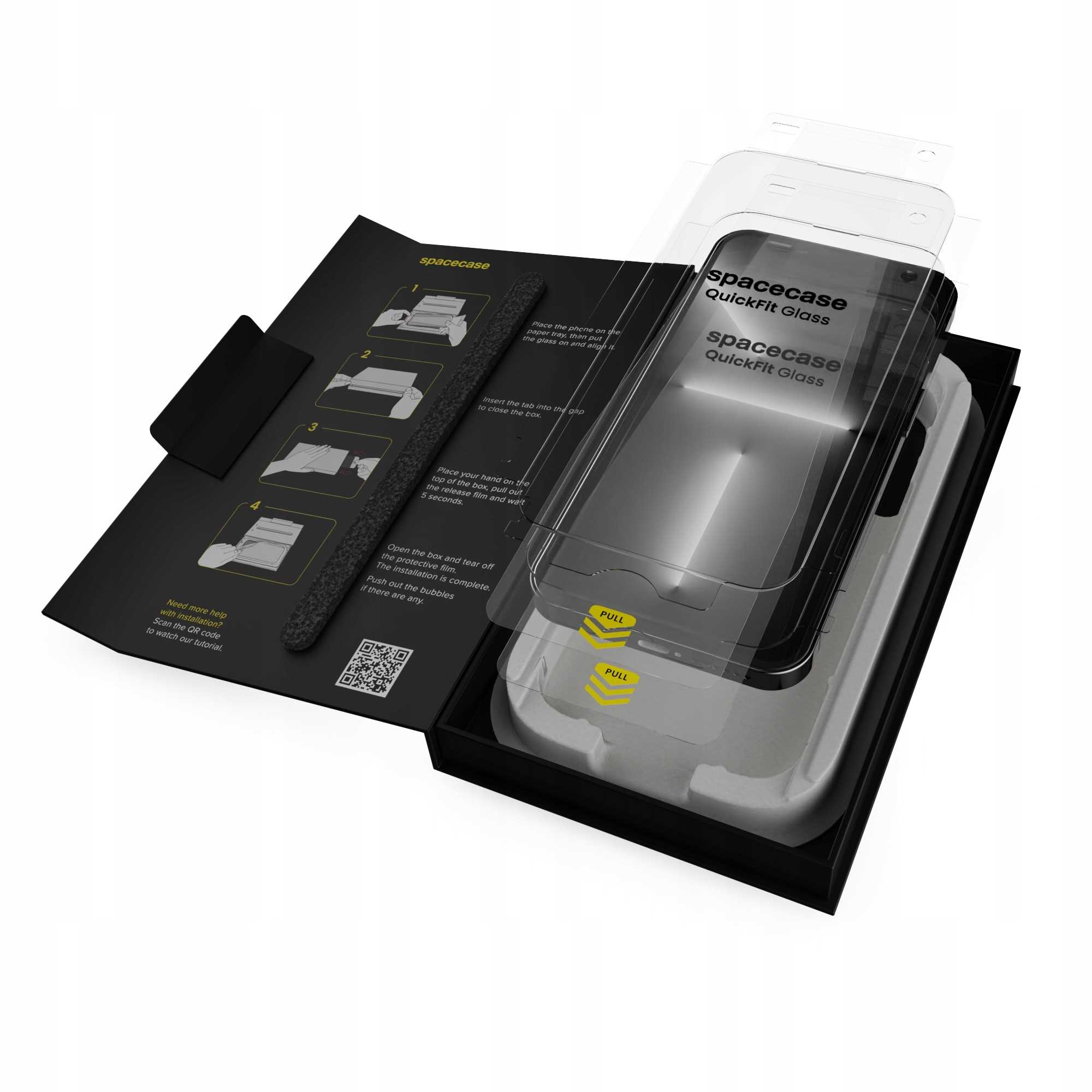 Otwarta skrzynka Spacecase QuickFit Glass, pokazująca osłonę szklaną i instrukcje. Czarno-białe z żółtymi akcentami.