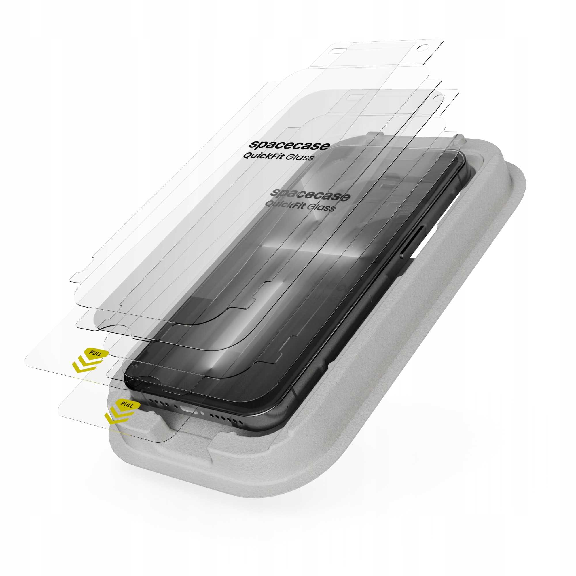 Smartfon w szarej obudowie z osłonami ekranu ze szkła. Ochraniacze mają logo spacecase QuickFit Glass i zakładki do pociągnięcia.