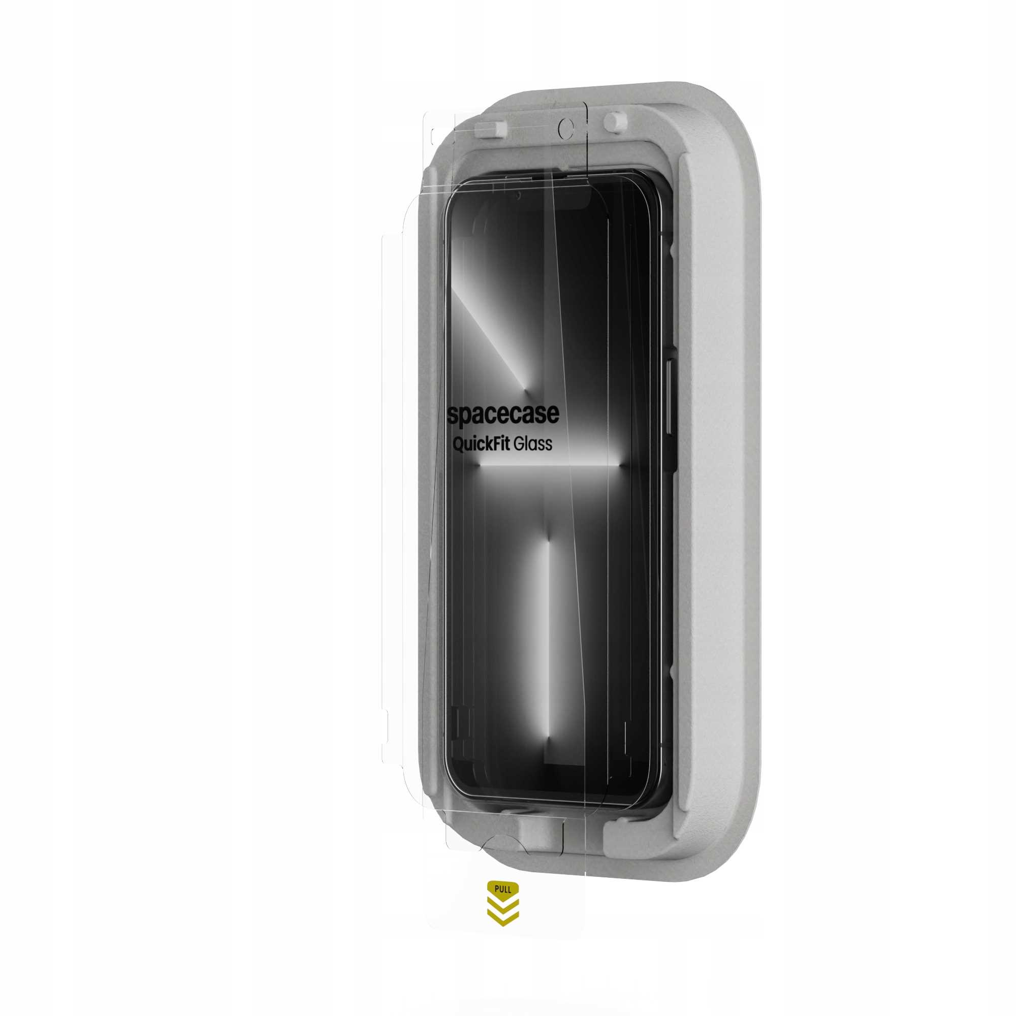 Ochraniacz ekranu smartfona w szarej obudowie. Na ekranie logo "spacecase QuickFit Glass". Etykieta wskazuje na pociągnięcie.