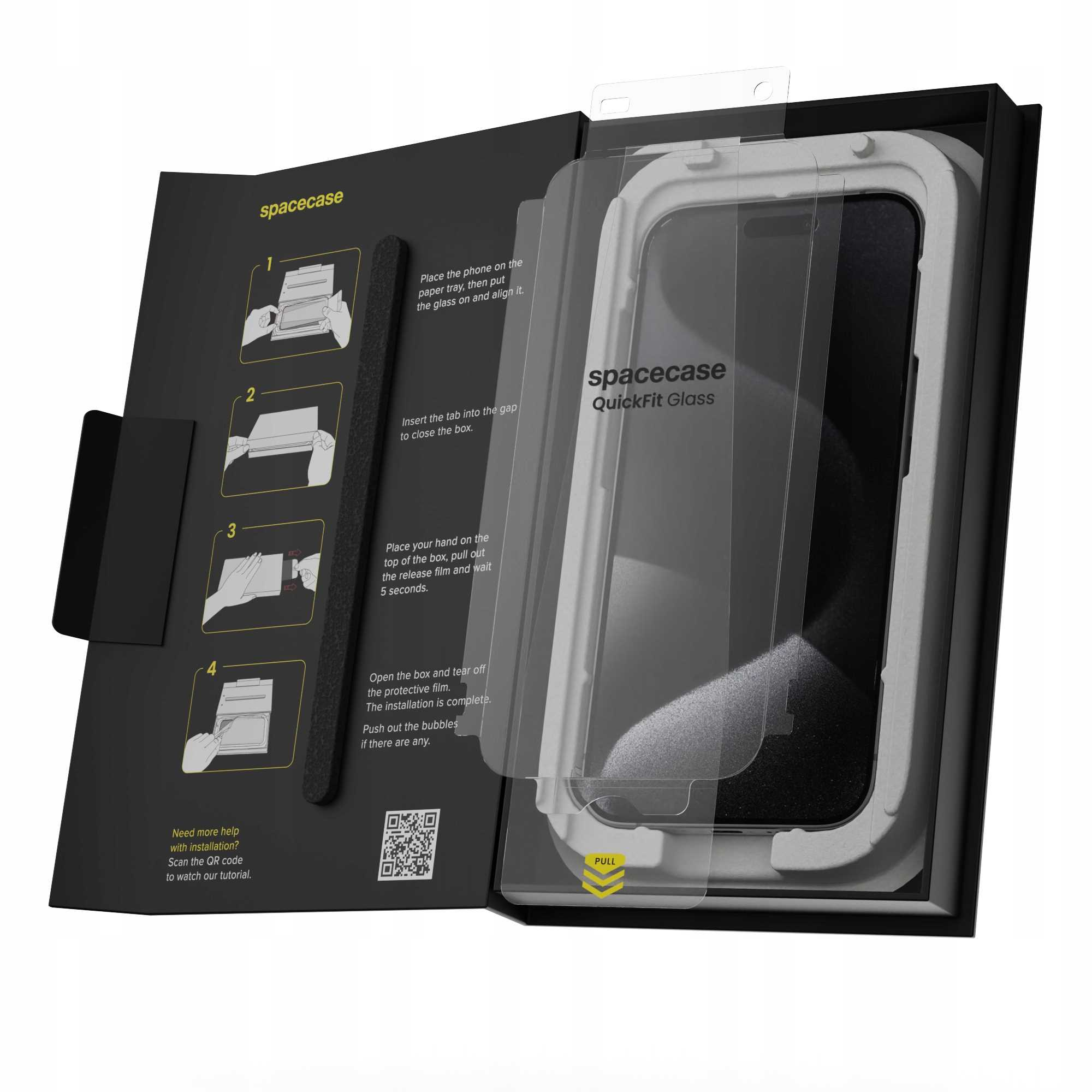 Pudełko z ochraniaczem ekranu telefonu. Instrukcje z boku. Tekst: spacecase QuickFit Glass. Zakładka „Pociągnij” na pudełku.