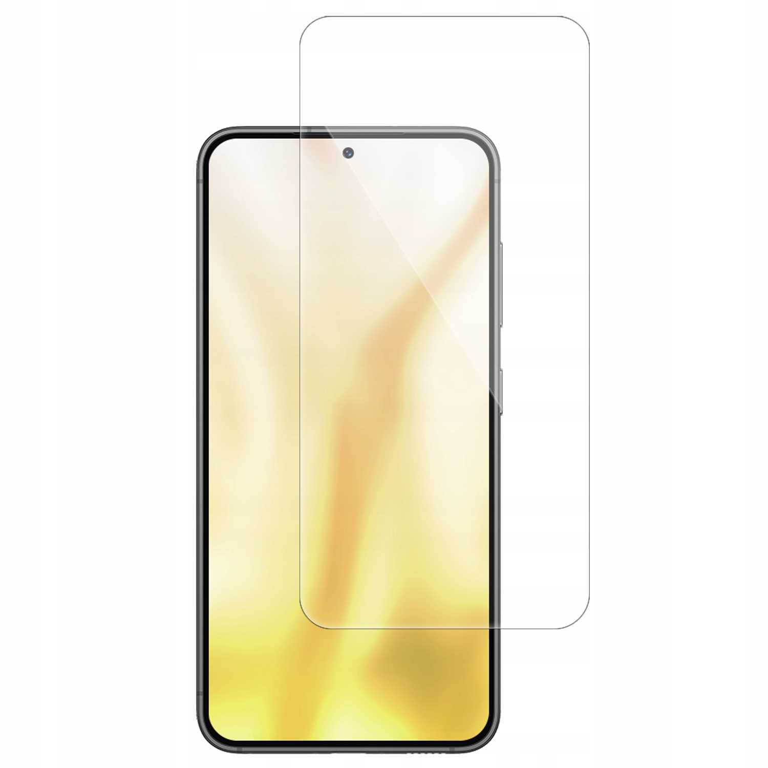 Smartfon z nałożonym ochraniaczem ekranu. Ekran jest czarny z gradientowym złotym tłem. Ochraniacz jest przezroczysty.