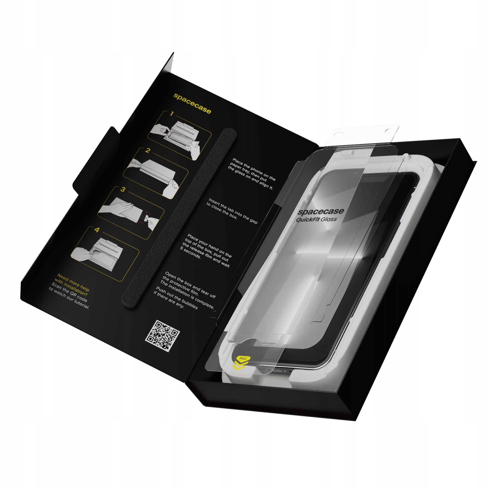 Otwarte pudełko z ochraniaczem ekranu. Instrukcje na czarnej pokrywie. W pudełku znajduje się telefon.